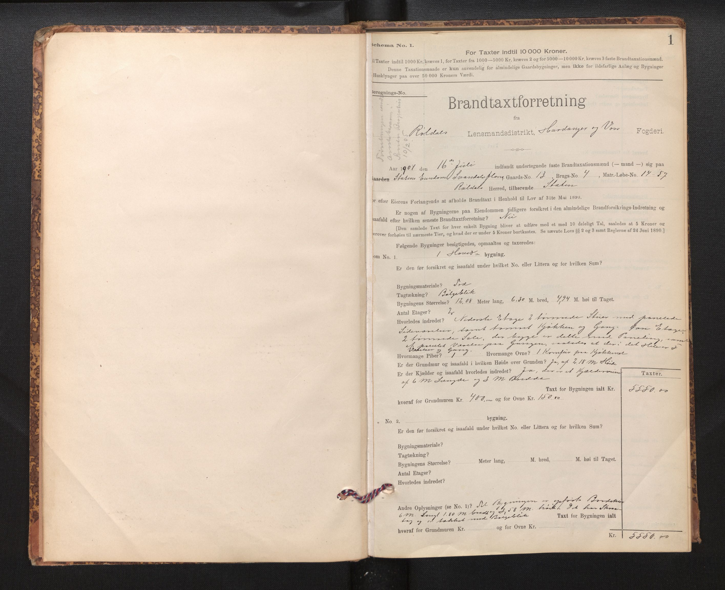 Lensmannen i Røldal, AV/SAB-A-34501/0012/L0003: Branntakstprotokoll, skjematakst, 1904-1936, p. 1
