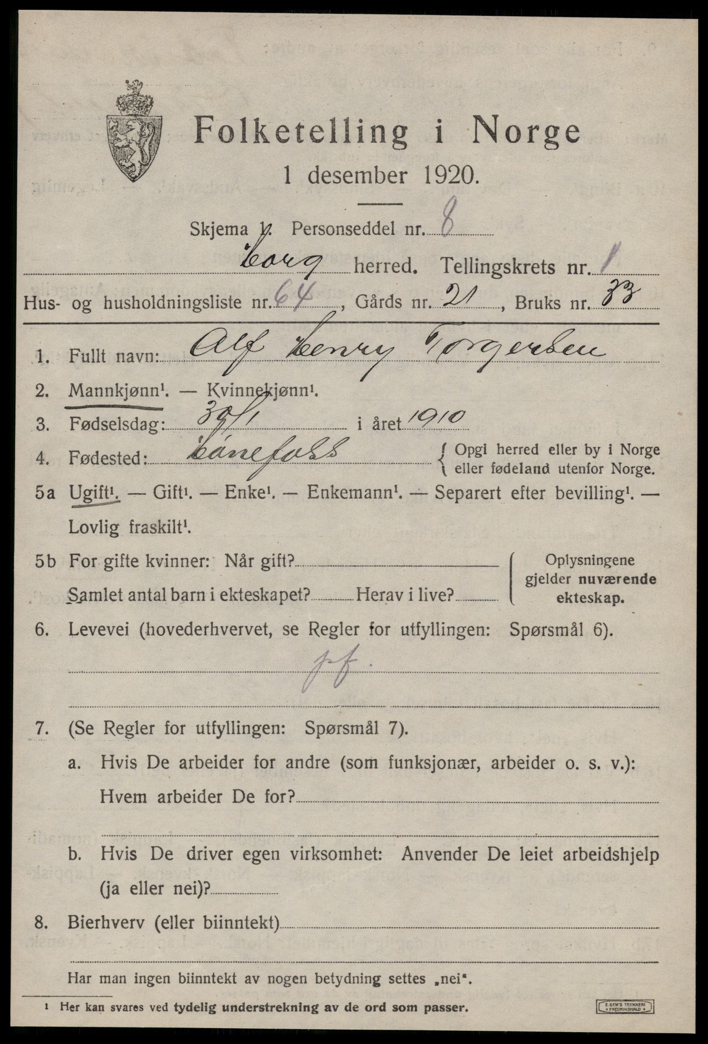 SAT, 1920 census for Horg, 1920, p. 1640