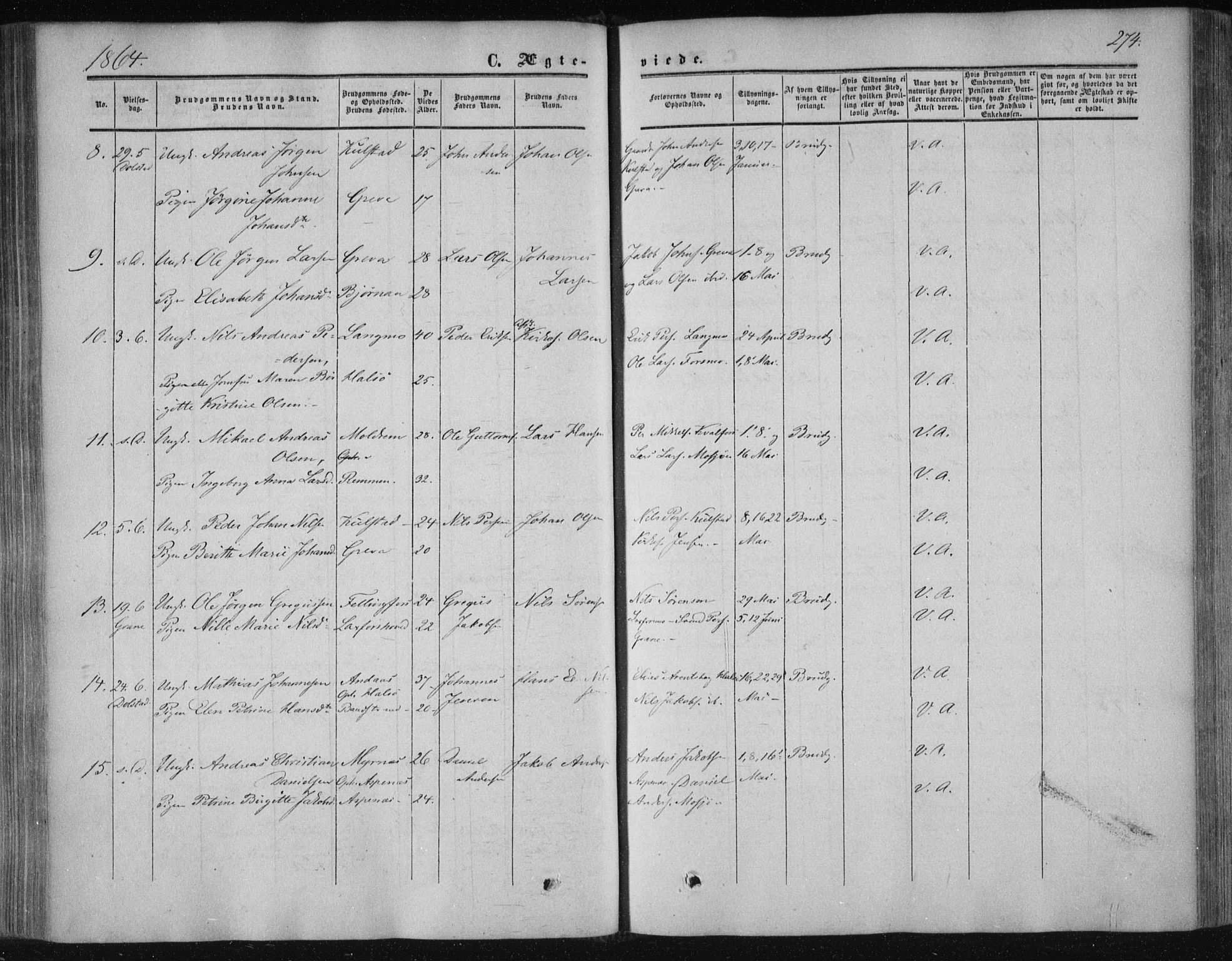 Ministerialprotokoller, klokkerbøker og fødselsregistre - Nordland, AV/SAT-A-1459/820/L0293: Parish register (official) no. 820A14, 1855-1865, p. 274