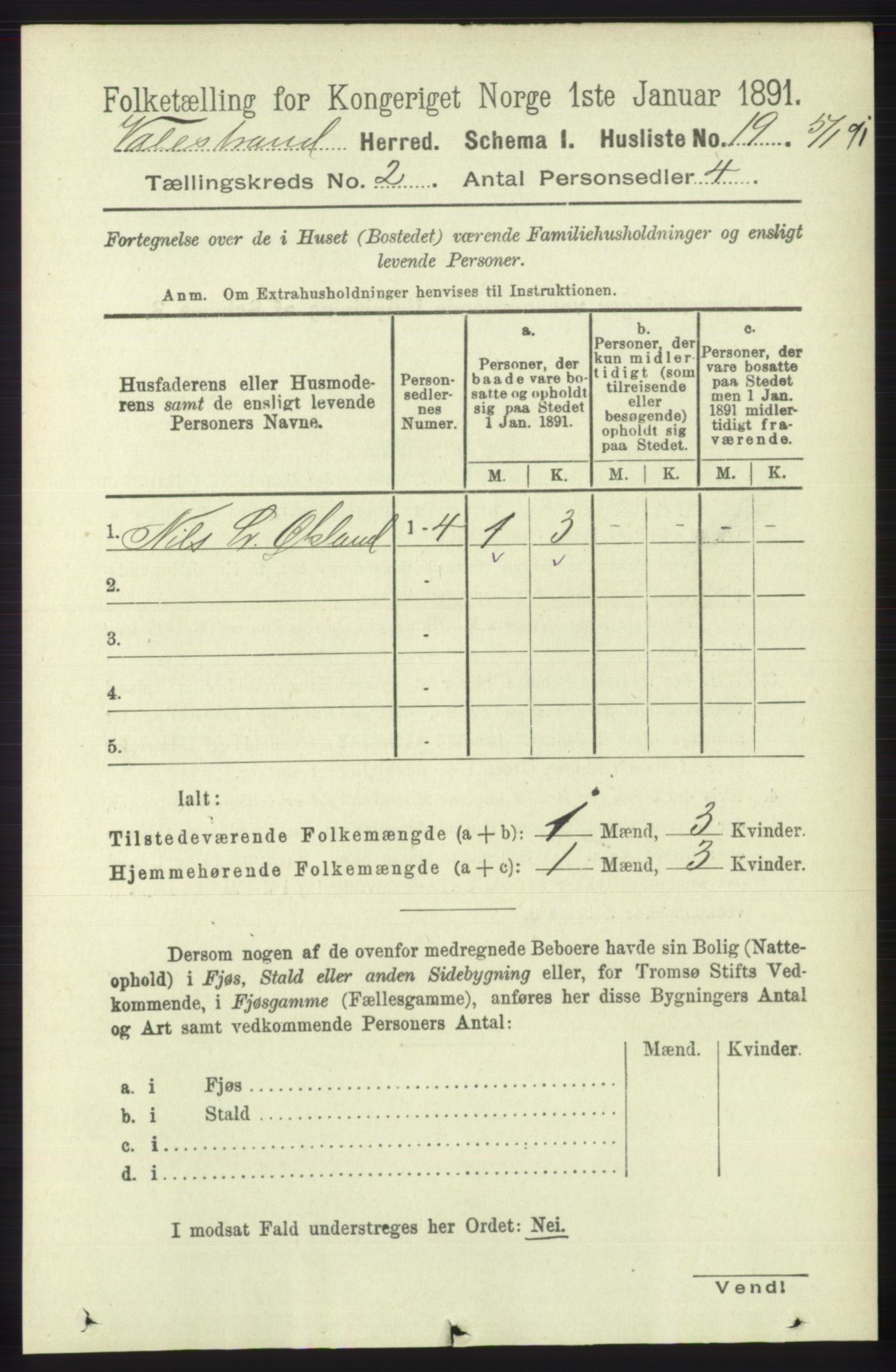 RA, 1891 census for 1217 Valestrand, 1891, p. 278