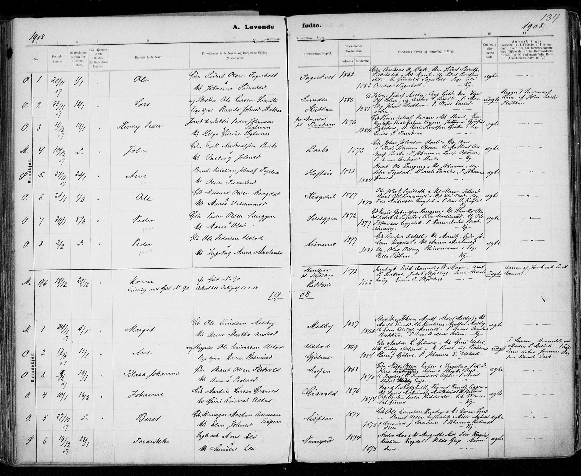 Ministerialprotokoller, klokkerbøker og fødselsregistre - Sør-Trøndelag, SAT/A-1456/668/L0811: Parish register (official) no. 668A11, 1894-1913, p. 134