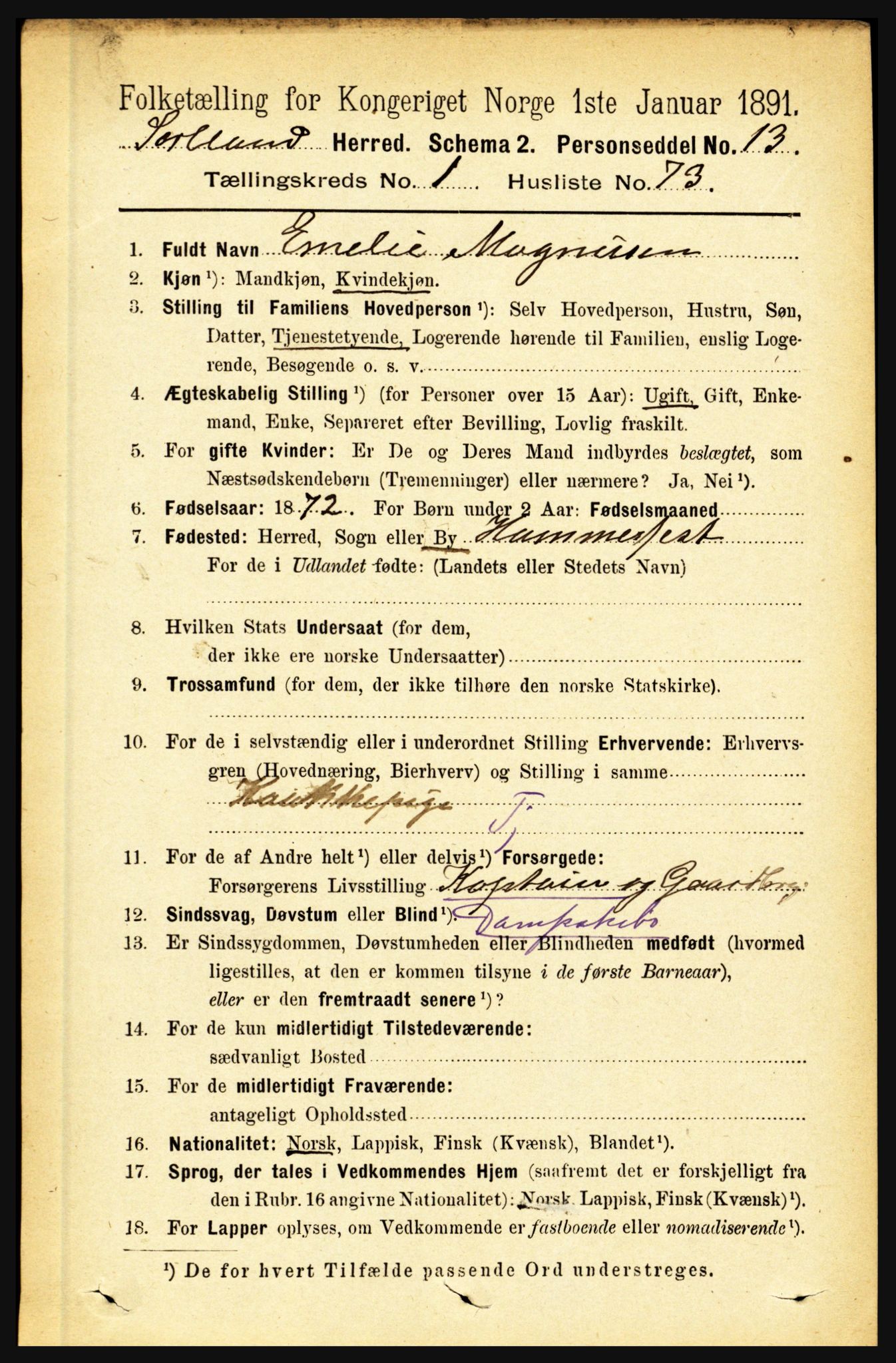 RA, 1891 census for 1870 Sortland, 1891, p. 611