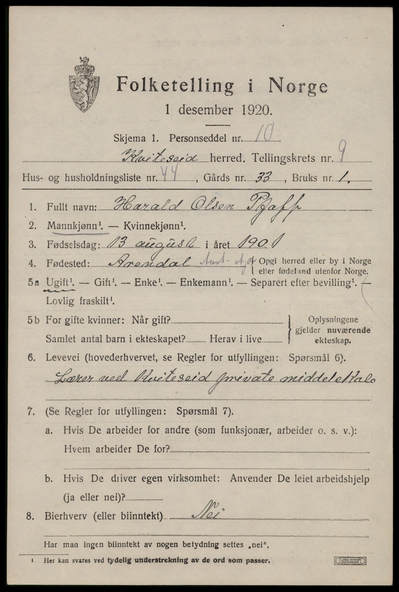 SAKO, 1920 census for Kviteseid, 1920, p. 4667