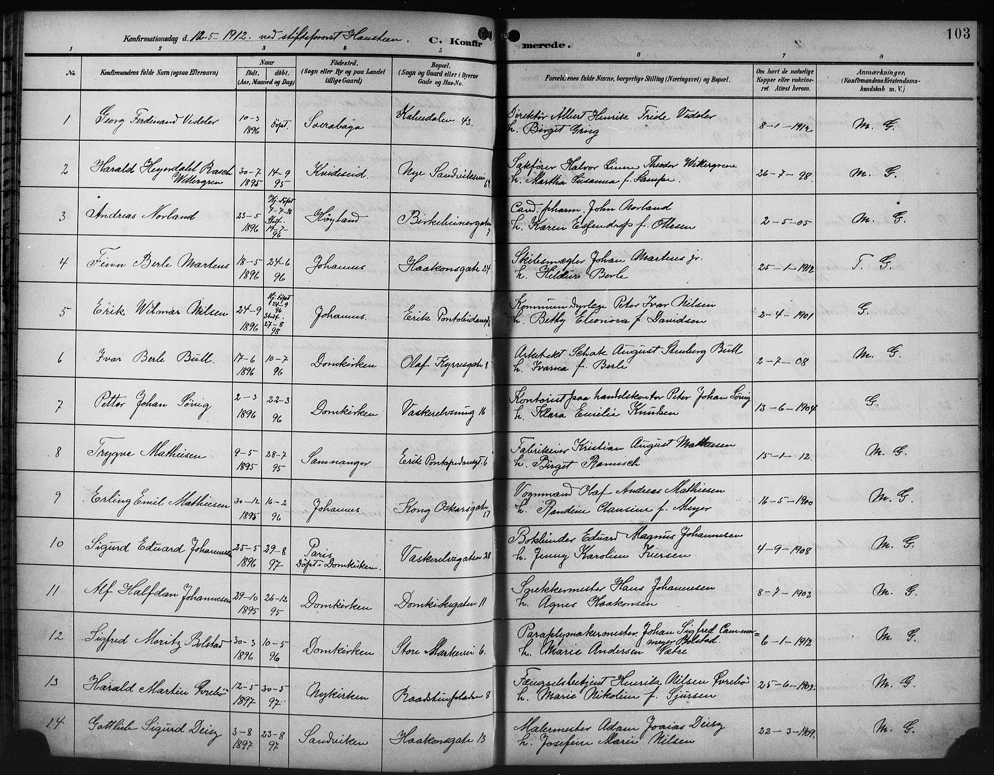 Domkirken sokneprestembete, SAB/A-74801/H/Hab/L0025: Parish register (copy) no. C 5, 1899-1916, p. 103