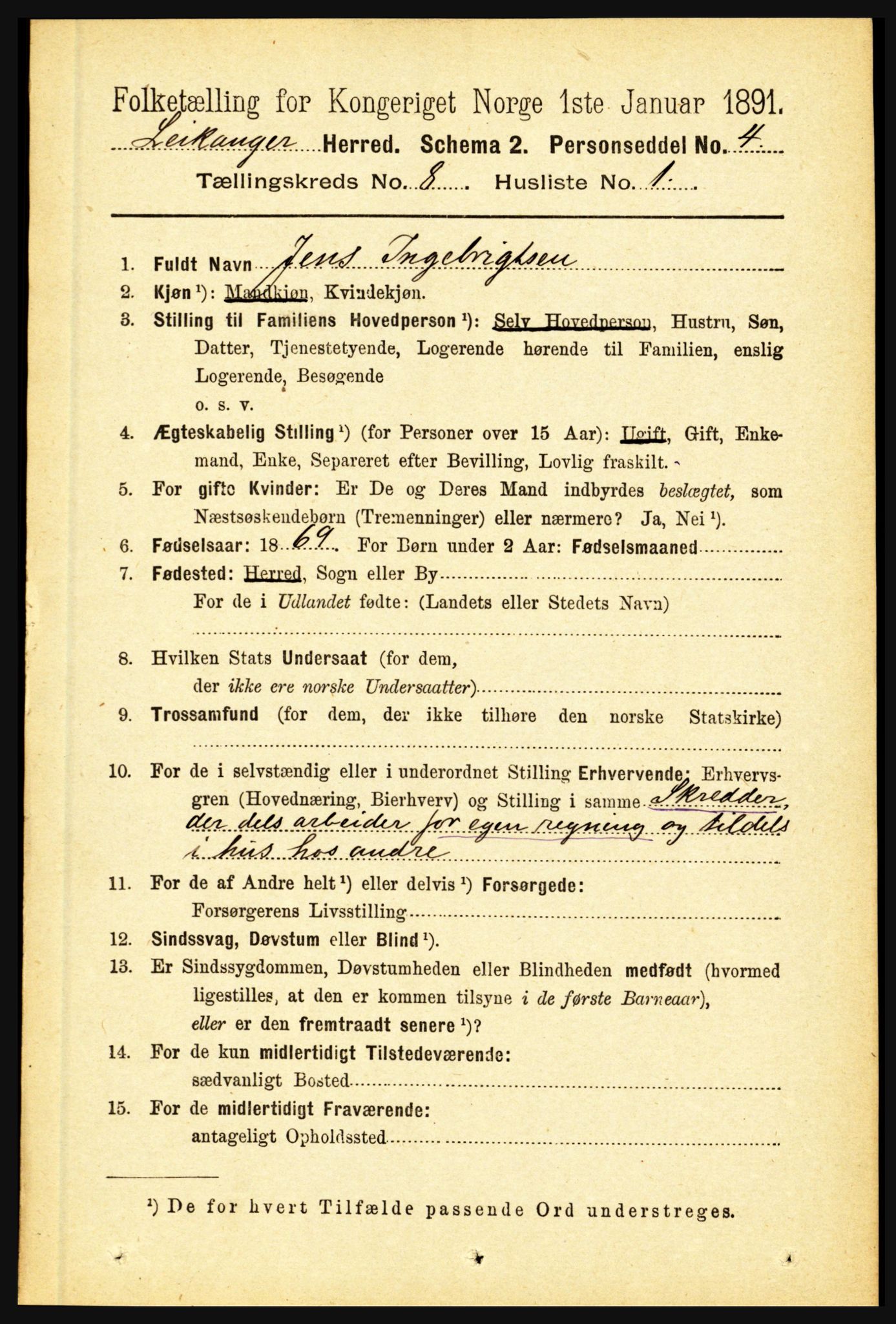 RA, 1891 census for 1419 Leikanger, 1891, p. 1584