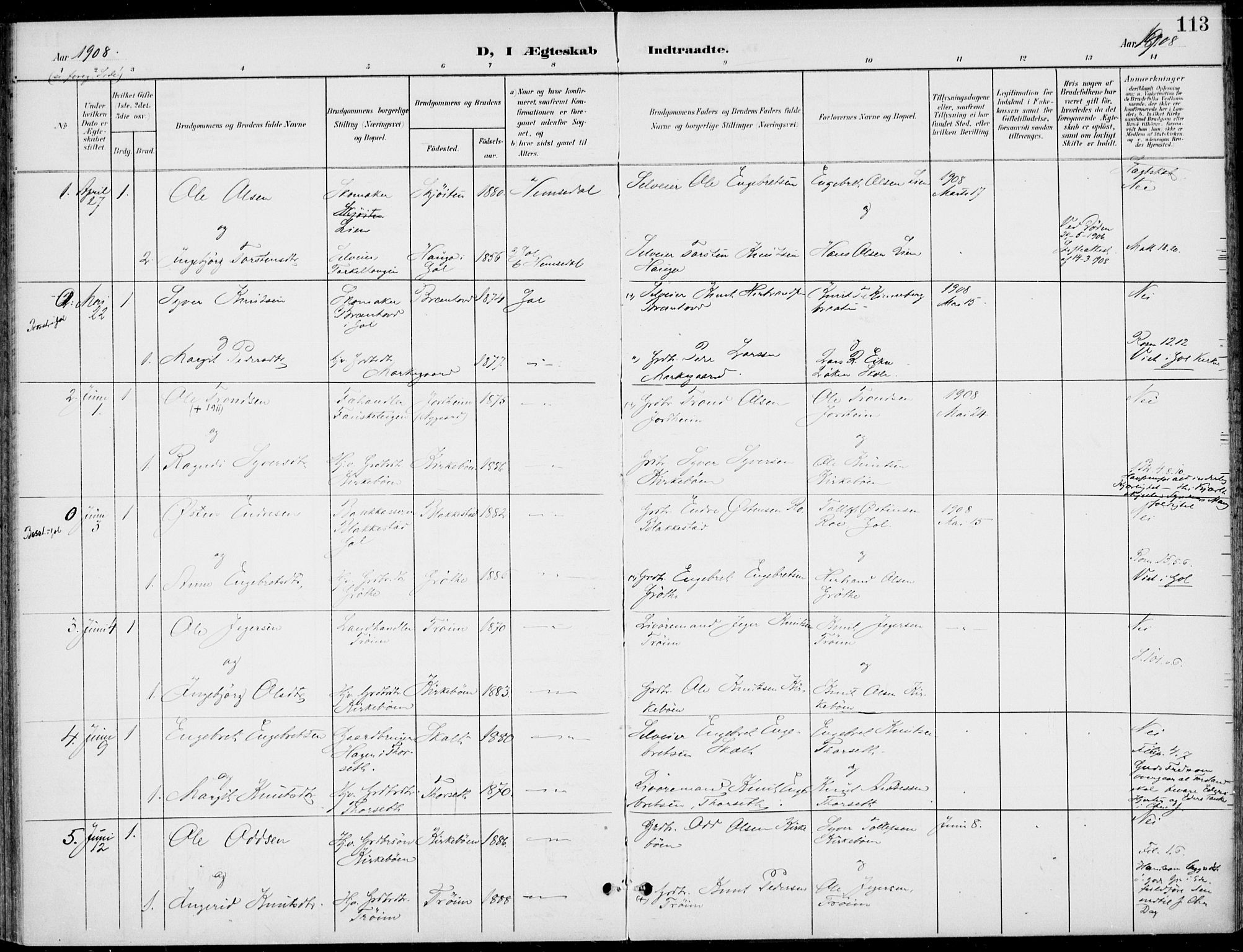 Gol kirkebøker, AV/SAKO-A-226/F/Fb/L0002: Parish register (official) no. II 2, 1900-1921, p. 113