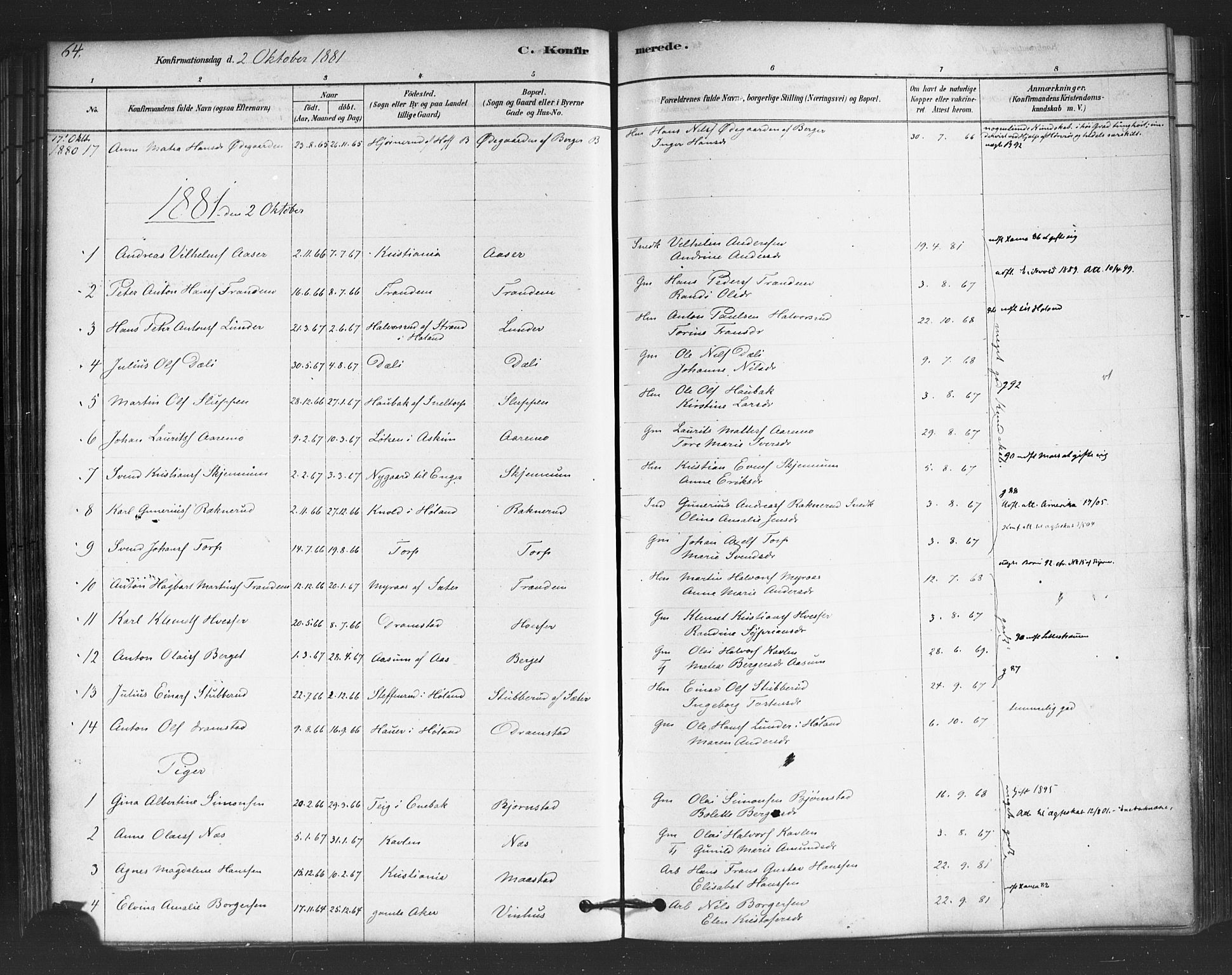 Trøgstad prestekontor Kirkebøker, SAO/A-10925/F/Fb/L0001: Parish register (official) no. II 1, 1878-1902, p. 64