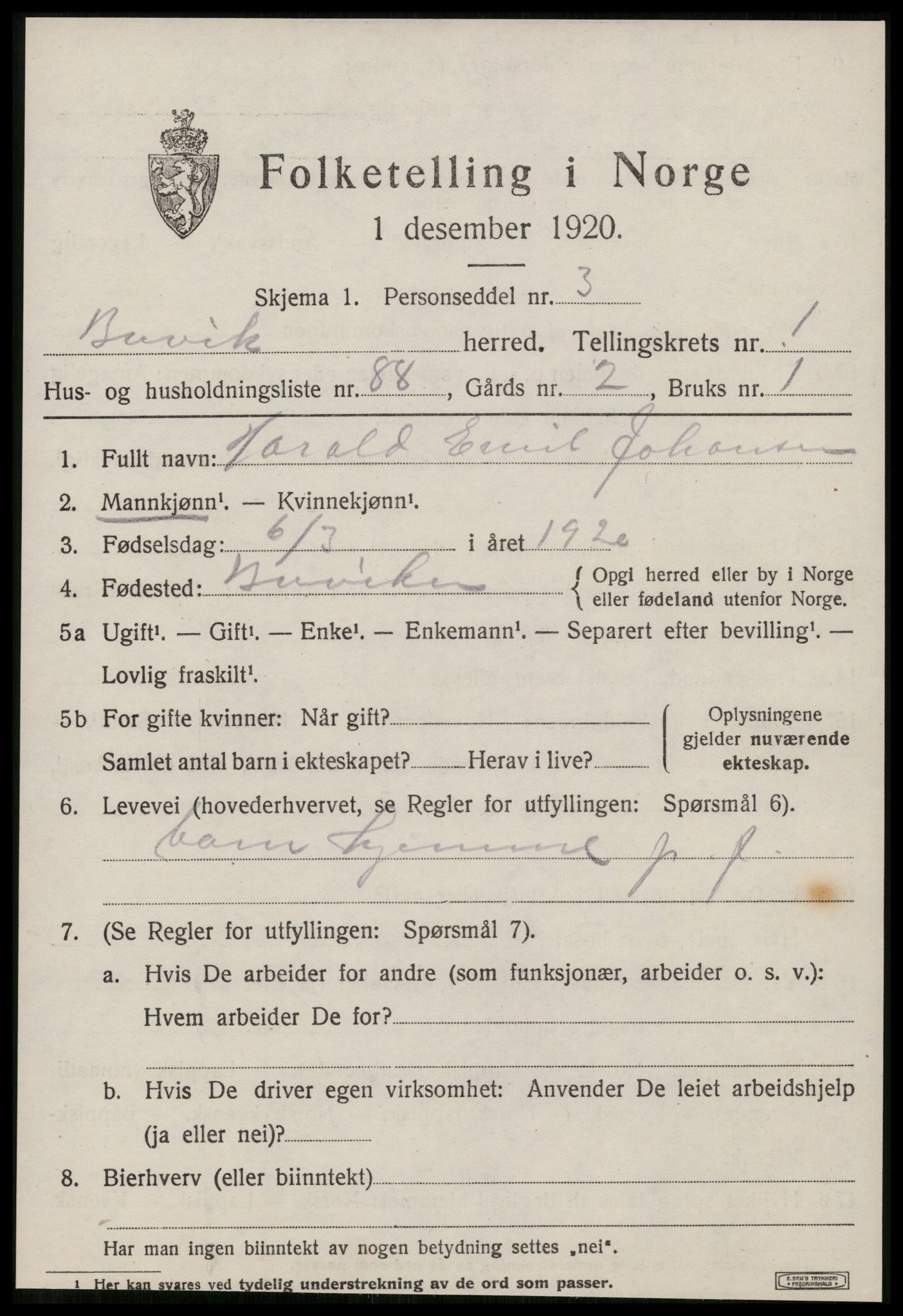 SAT, 1920 census for Buvik, 1920, p. 1226