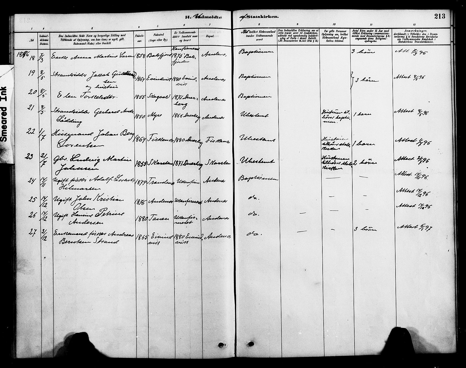 Ministerialprotokoller, klokkerbøker og fødselsregistre - Nordland, AV/SAT-A-1459/899/L1436: Parish register (official) no. 899A04, 1881-1896, p. 213