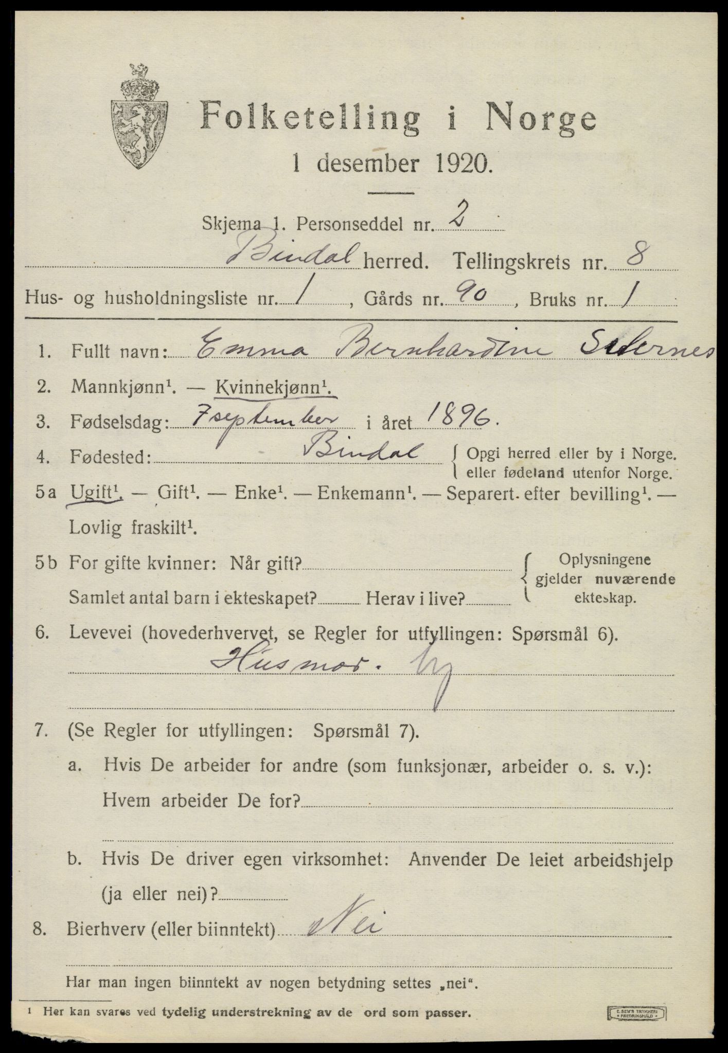 SAT, 1920 census for Bindal, 1920, p. 5899