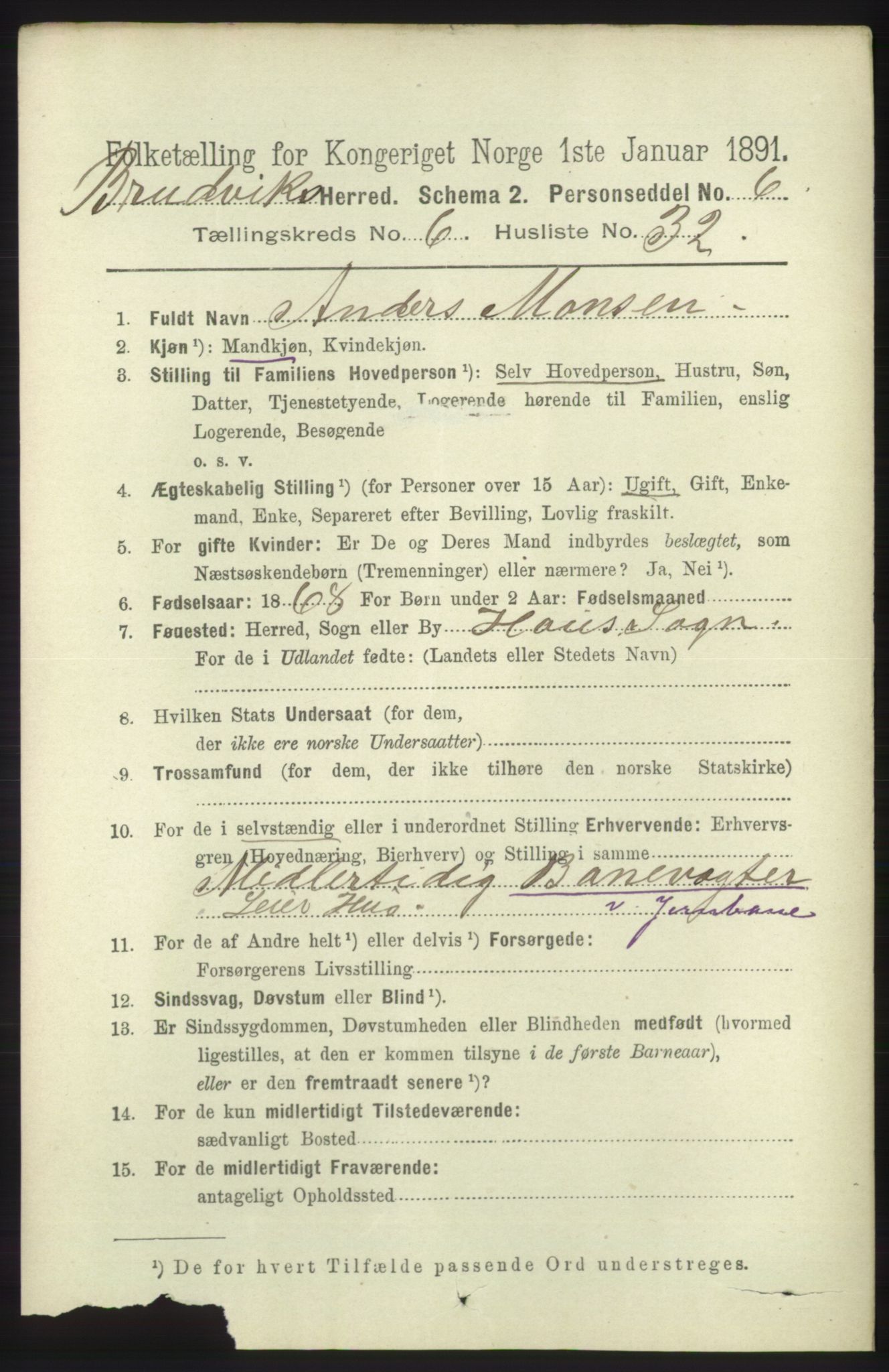 RA, 1891 census for 1251 Bruvik, 1891, p. 2000