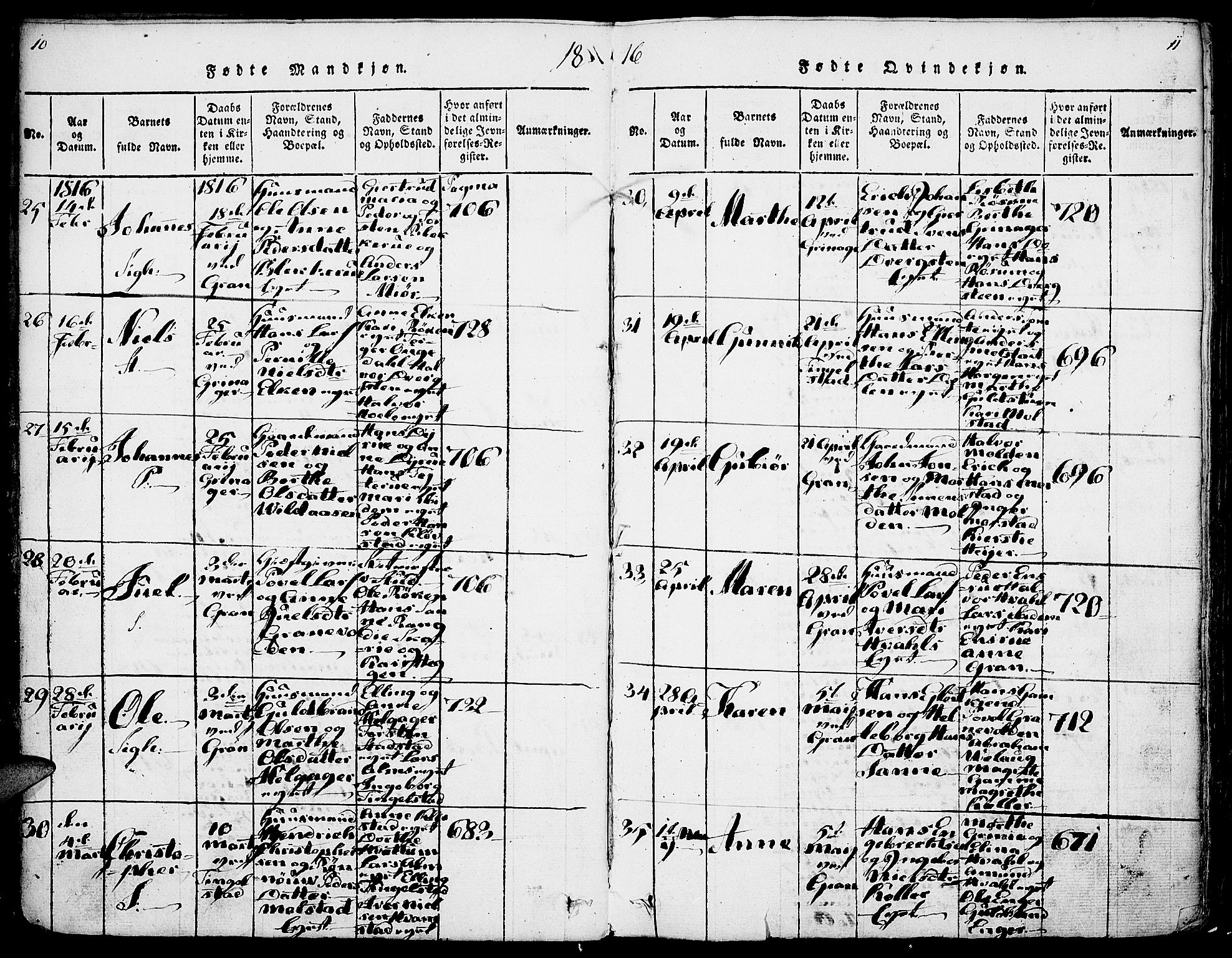 Gran prestekontor, SAH/PREST-112/H/Ha/Haa/L0009: Parish register (official) no. 9, 1815-1824, p. 10-11