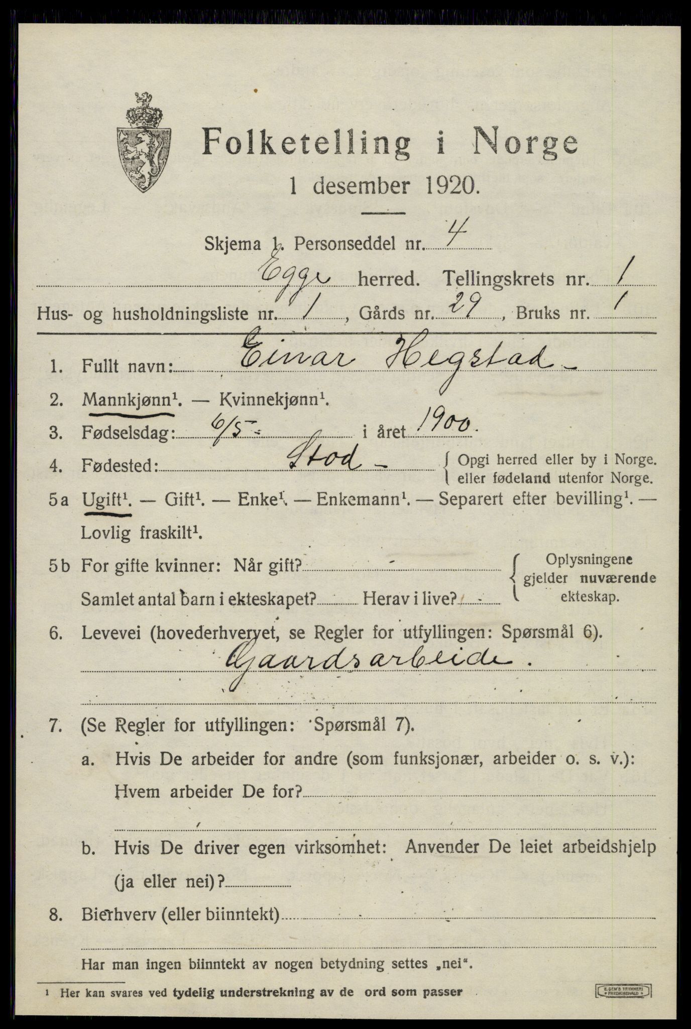 SAT, 1920 census for Egge, 1920, p. 590