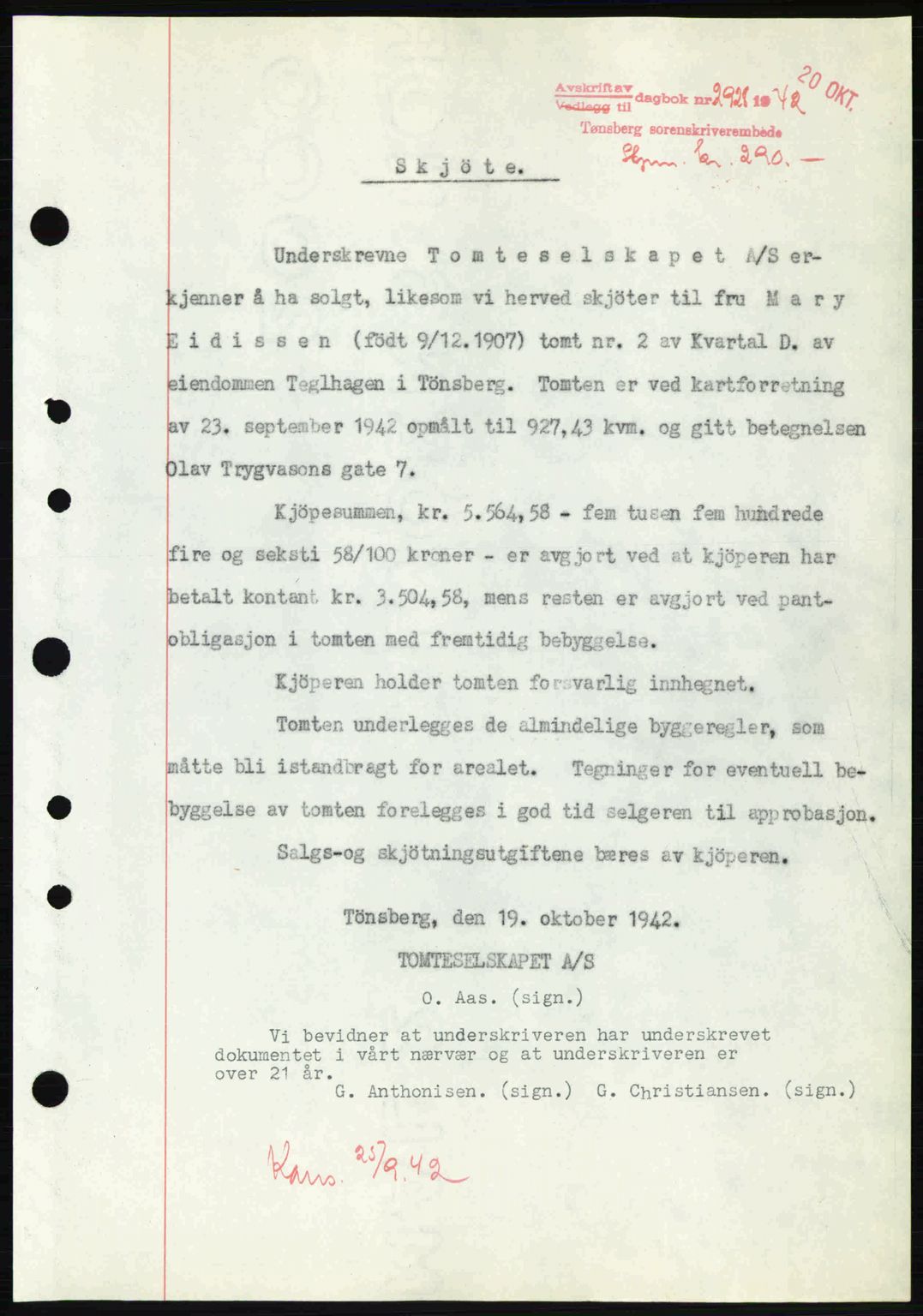 Tønsberg sorenskriveri, AV/SAKO-A-130/G/Ga/Gaa/L0012: Mortgage book no. A12, 1942-1943, Diary no: : 2928/1942