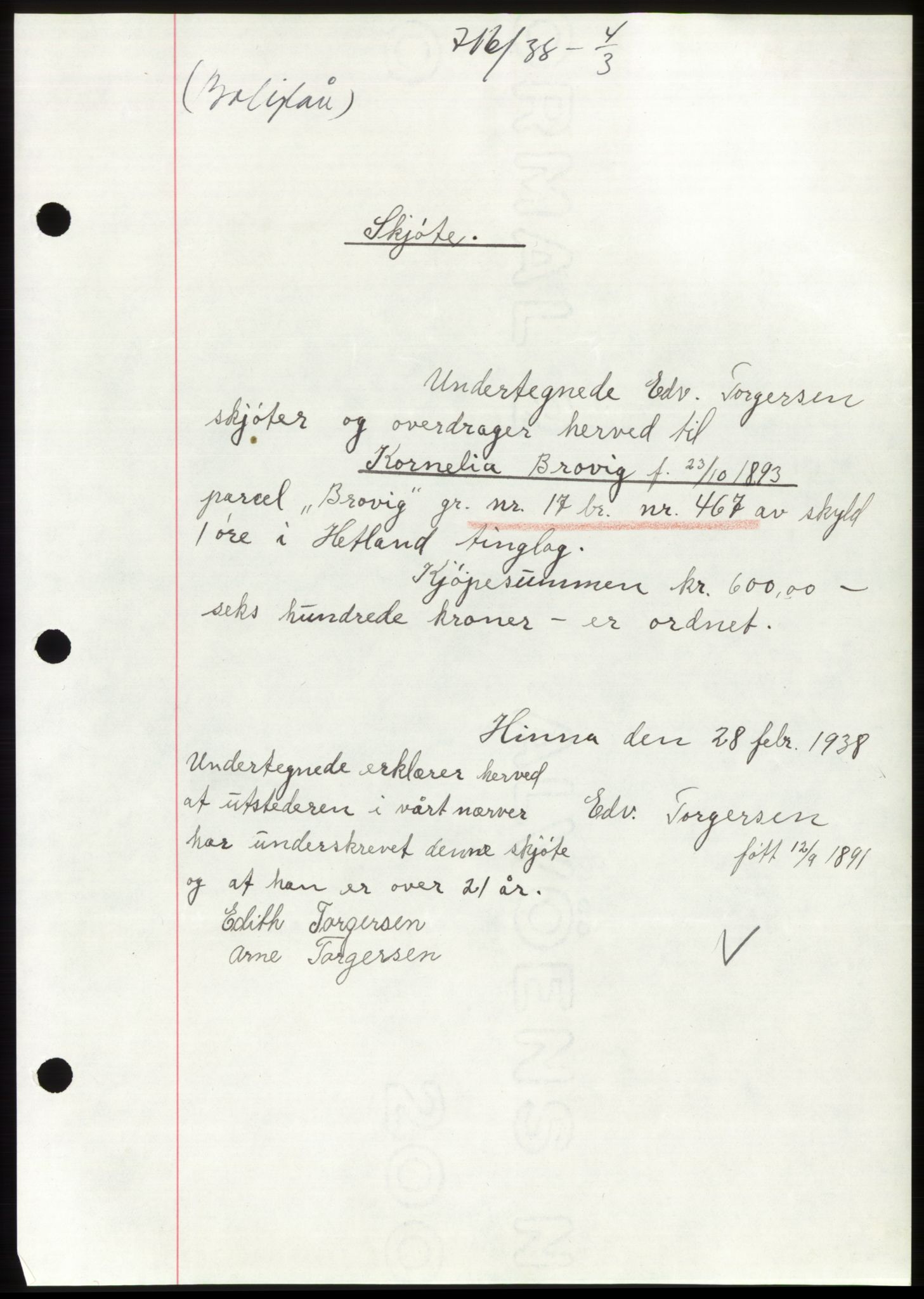 Jæren sorenskriveri, SAST/A-100310/03/G/Gba/L0070: Mortgage book, 1938-1938, Diary no: : 716/1938