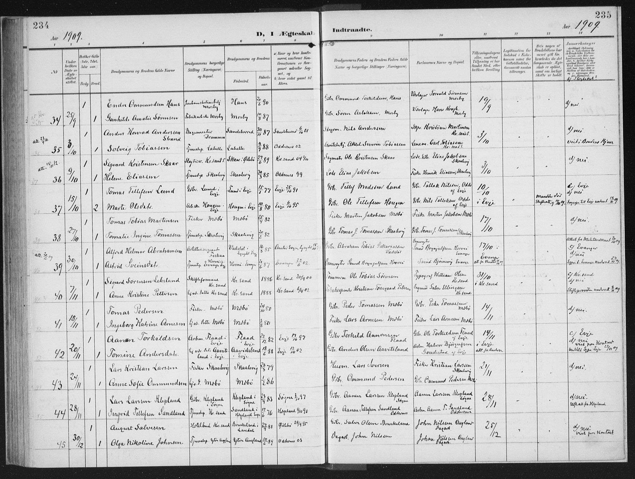 Oddernes sokneprestkontor, AV/SAK-1111-0033/F/Fa/Faa/L0011: Parish register (official) no. A 11, 1904-1911, p. 234-235