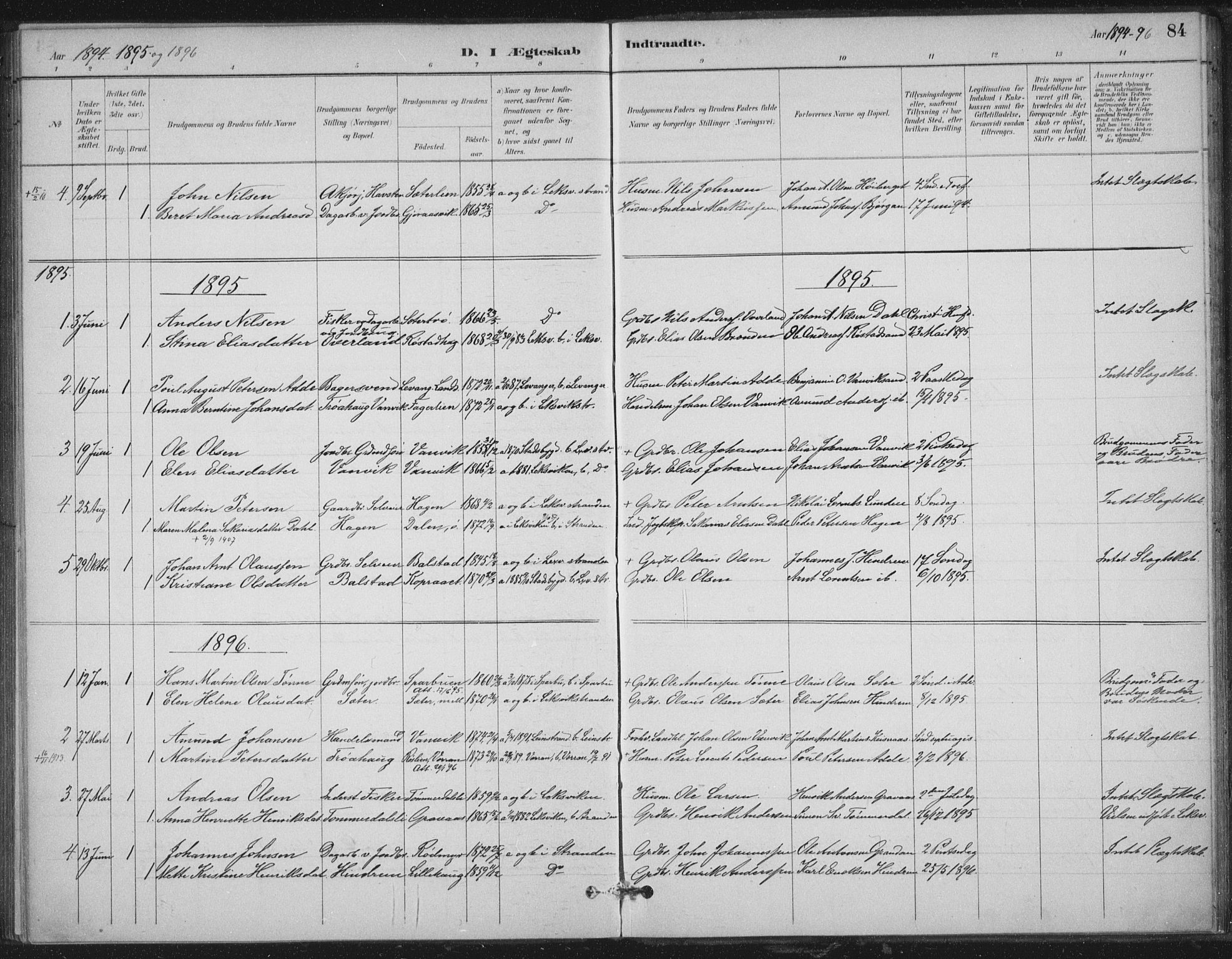 Ministerialprotokoller, klokkerbøker og fødselsregistre - Nord-Trøndelag, SAT/A-1458/702/L0023: Parish register (official) no. 702A01, 1883-1897, p. 84