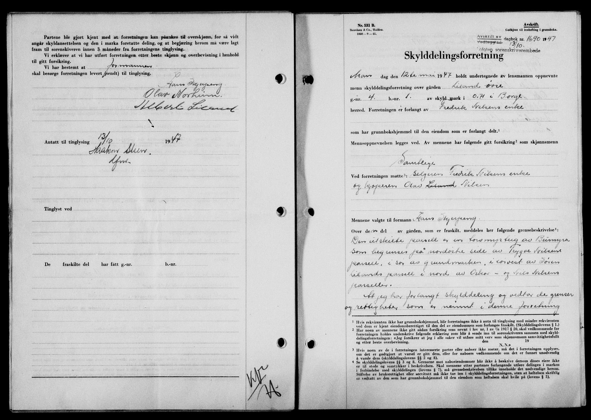 Lofoten sorenskriveri, SAT/A-0017/1/2/2C/L0017a: Mortgage book no. 17a, 1947-1948, Diary no: : 1690/1947