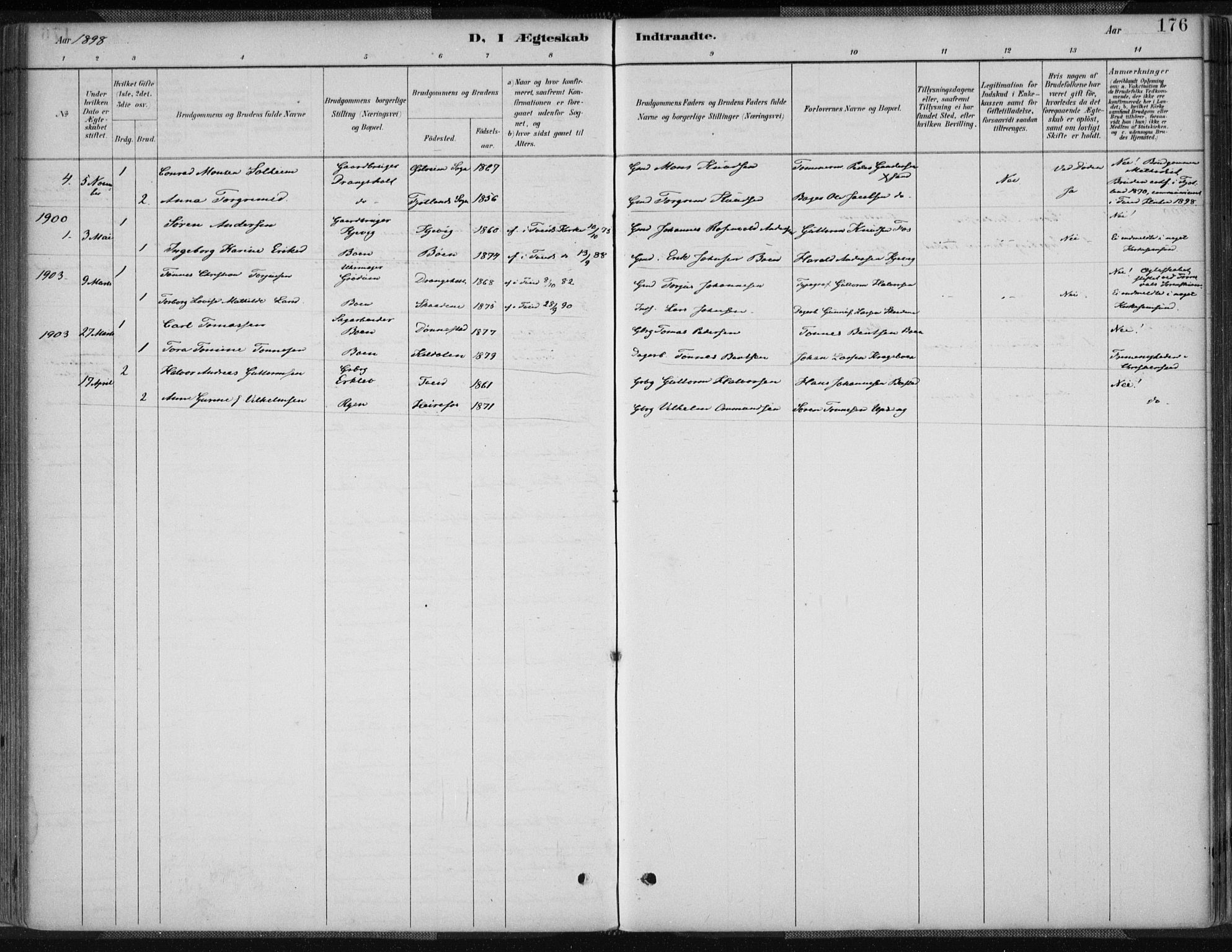 Tveit sokneprestkontor, AV/SAK-1111-0043/F/Fa/L0007: Parish register (official) no. A 7, 1887-1908, p. 176