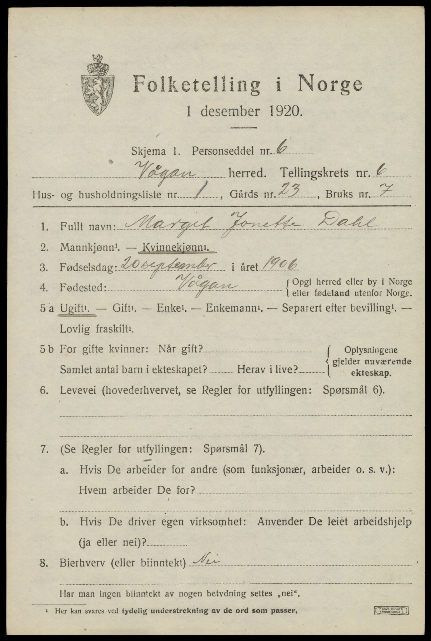 SAT, 1920 census for Vågan, 1920, p. 6151