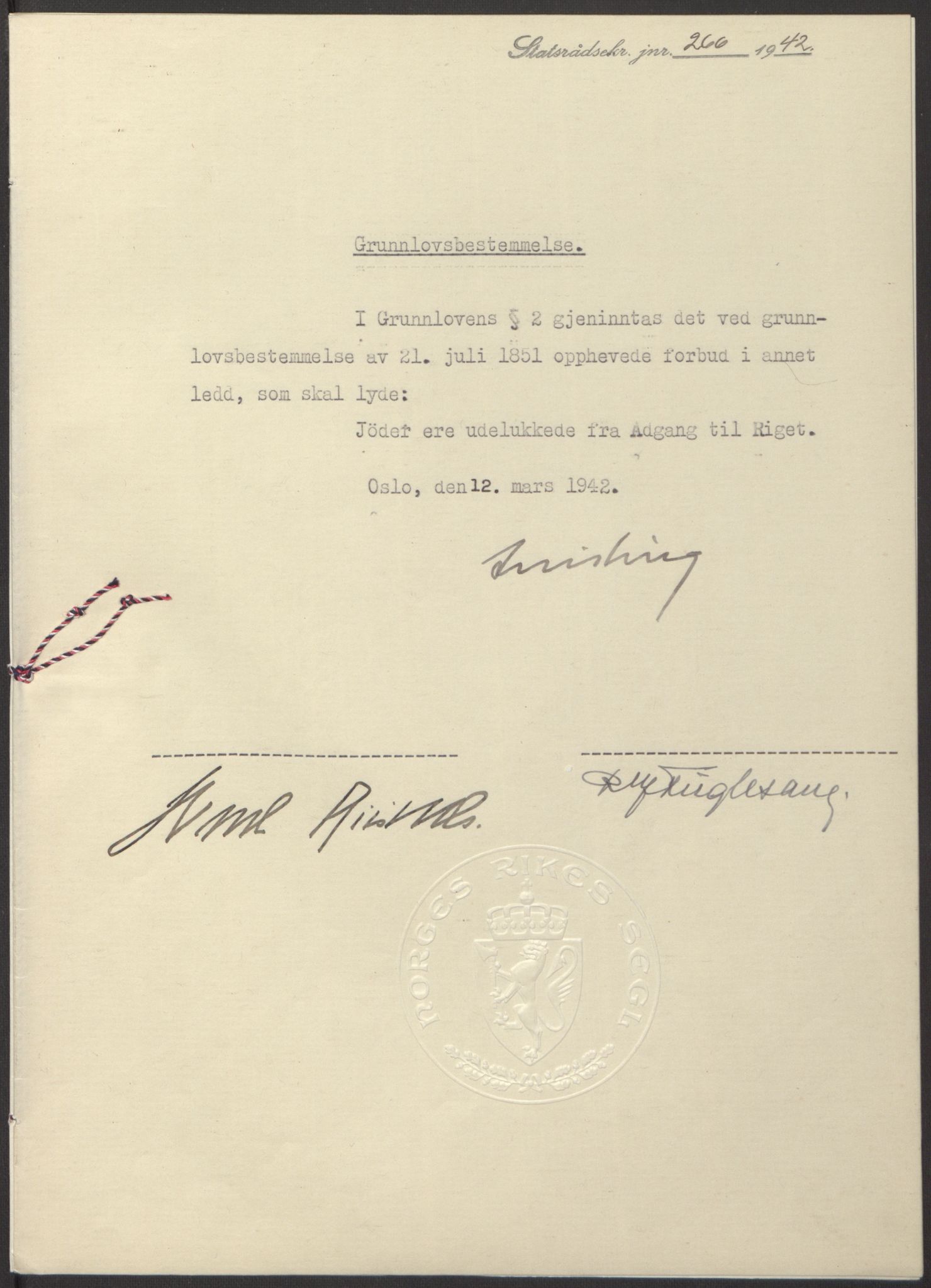 NS-administrasjonen 1940-1945 (Statsrådsekretariatet, de kommisariske statsråder mm), RA/S-4279/D/Db/L0097: Lover I, 1942, p. 146