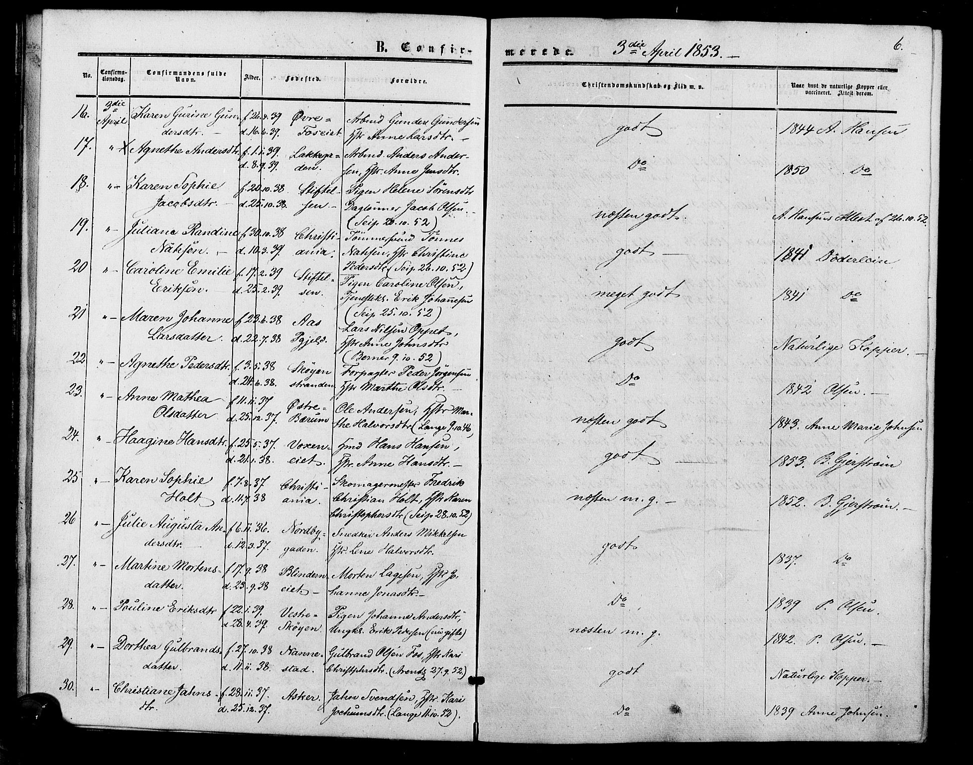 Vestre Aker prestekontor Kirkebøker, SAO/A-10025/F/Fa/L0001: Parish register (official) no. 1, 1853-1858, p. 6