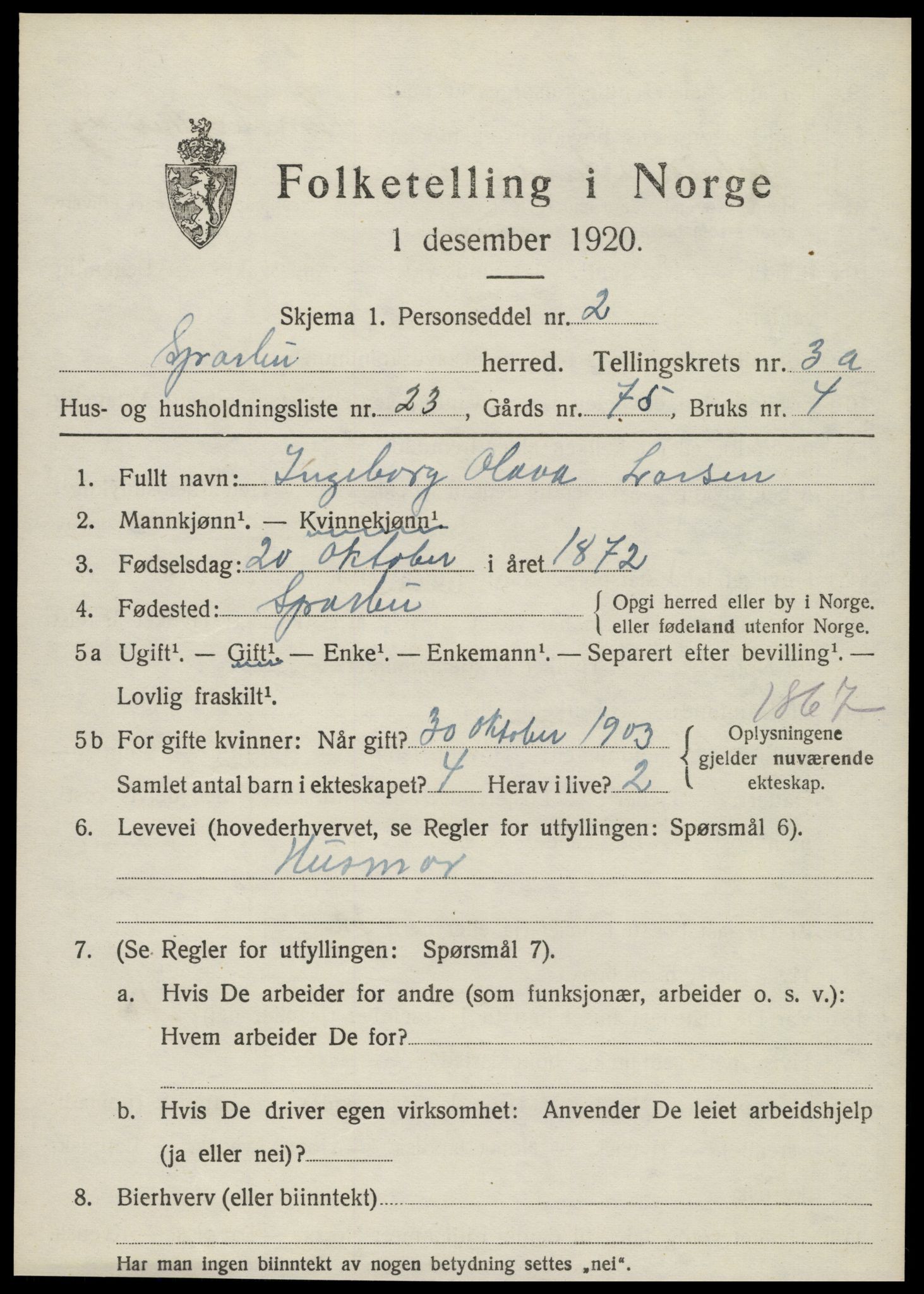 SAT, 1920 census for Sparbu, 1920, p. 4509