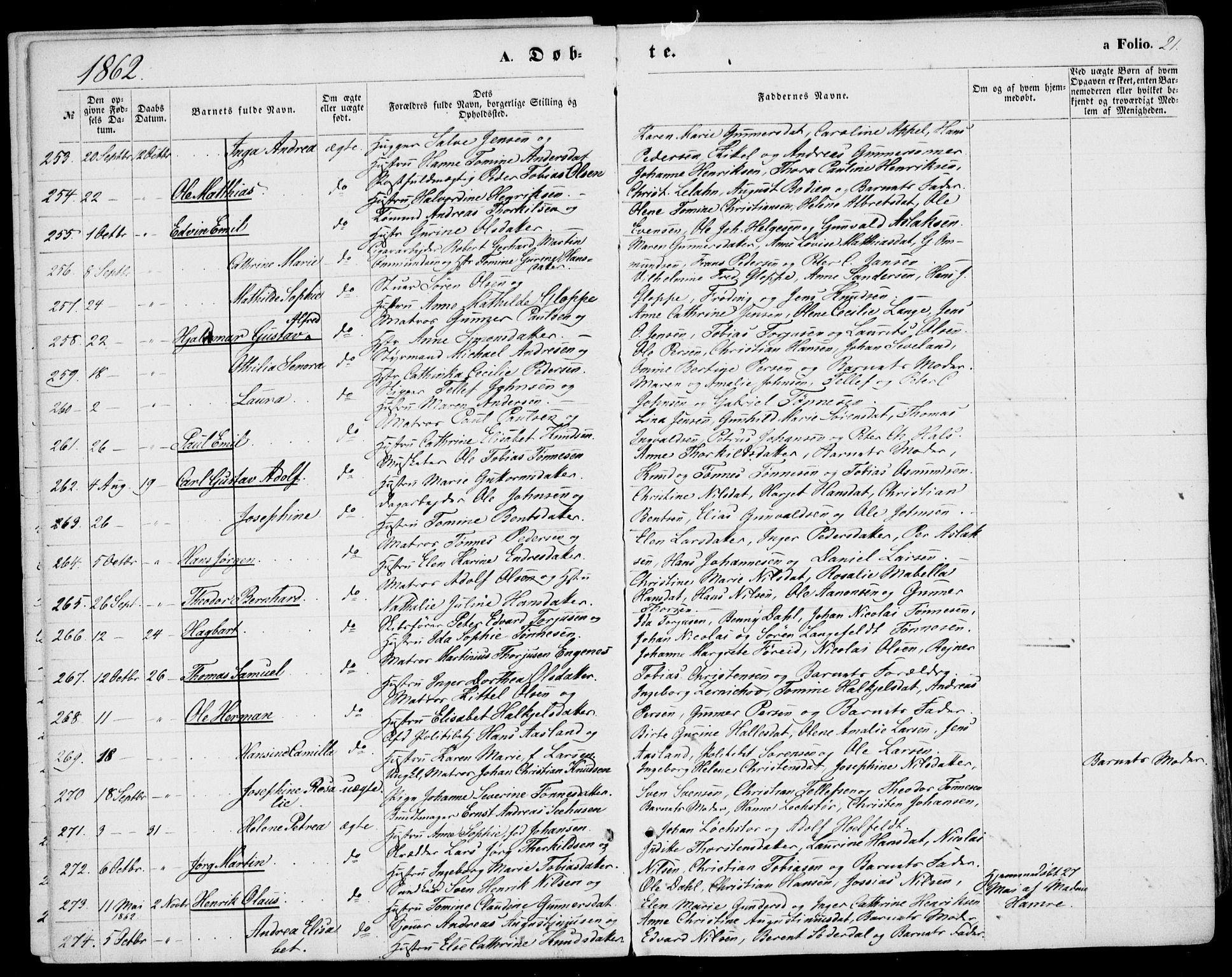 Kristiansand domprosti, AV/SAK-1112-0006/F/Fb/L0012: Parish register (copy) no. B 12, 1861-1870, p. 21