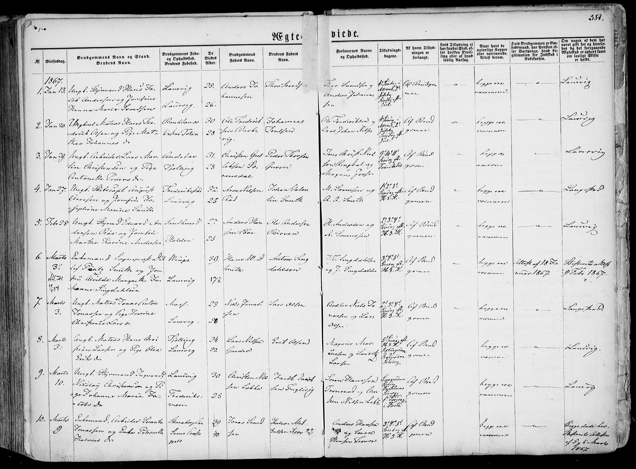 Larvik kirkebøker, AV/SAKO-A-352/F/Fa/L0004: Parish register (official) no. I 4, 1856-1870, p. 381