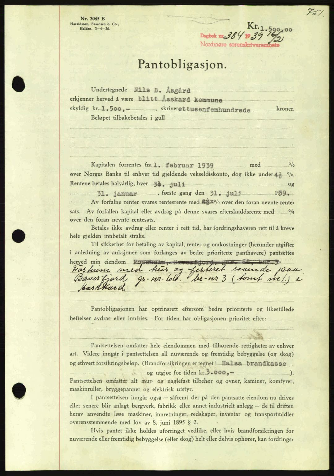 Nordmøre sorenskriveri, SAT/A-4132/1/2/2Ca: Mortgage book no. B84, 1938-1939, Diary no: : 384/1939