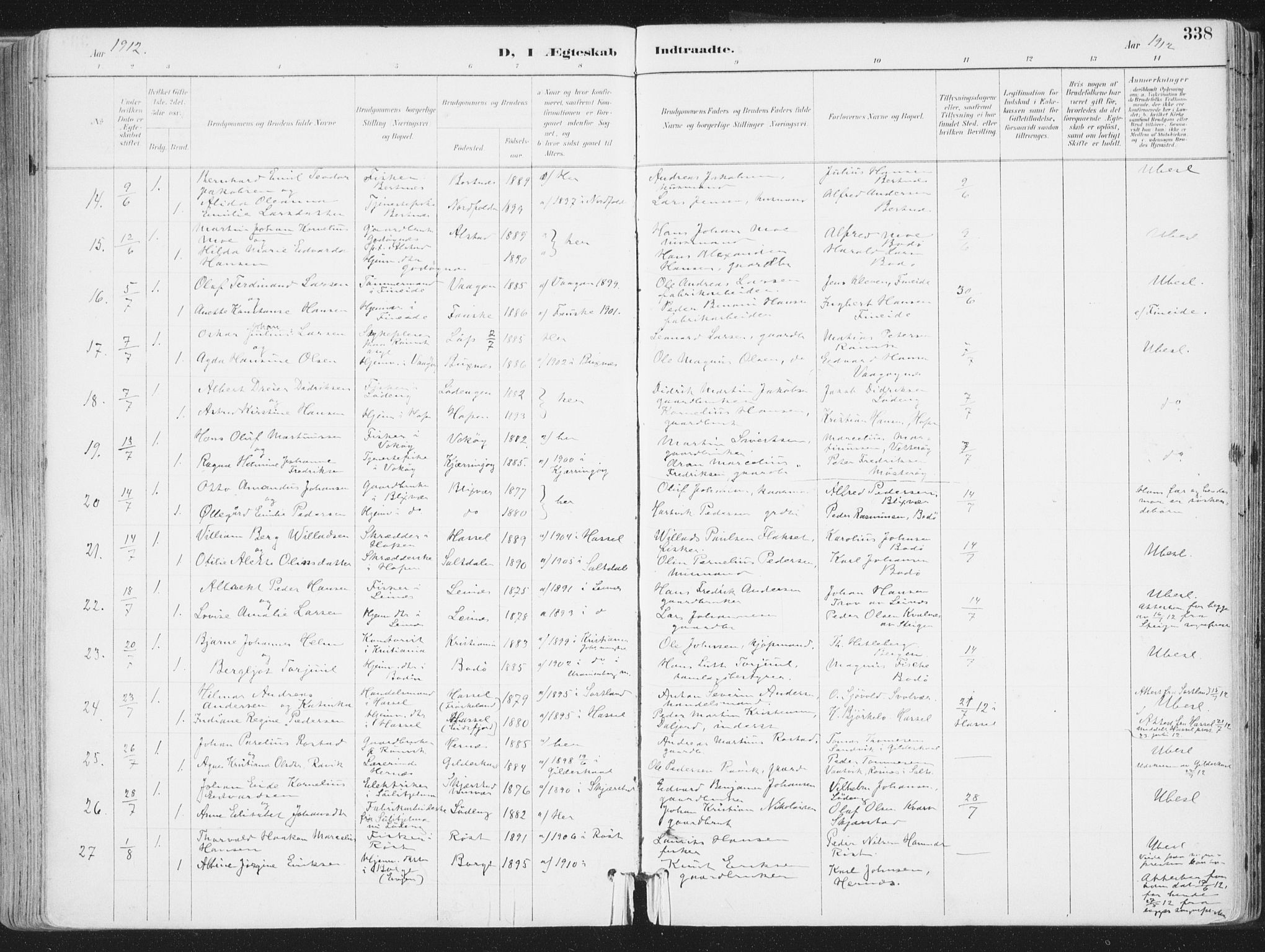 Ministerialprotokoller, klokkerbøker og fødselsregistre - Nordland, AV/SAT-A-1459/802/L0055: Parish register (official) no. 802A02, 1894-1915, p. 338