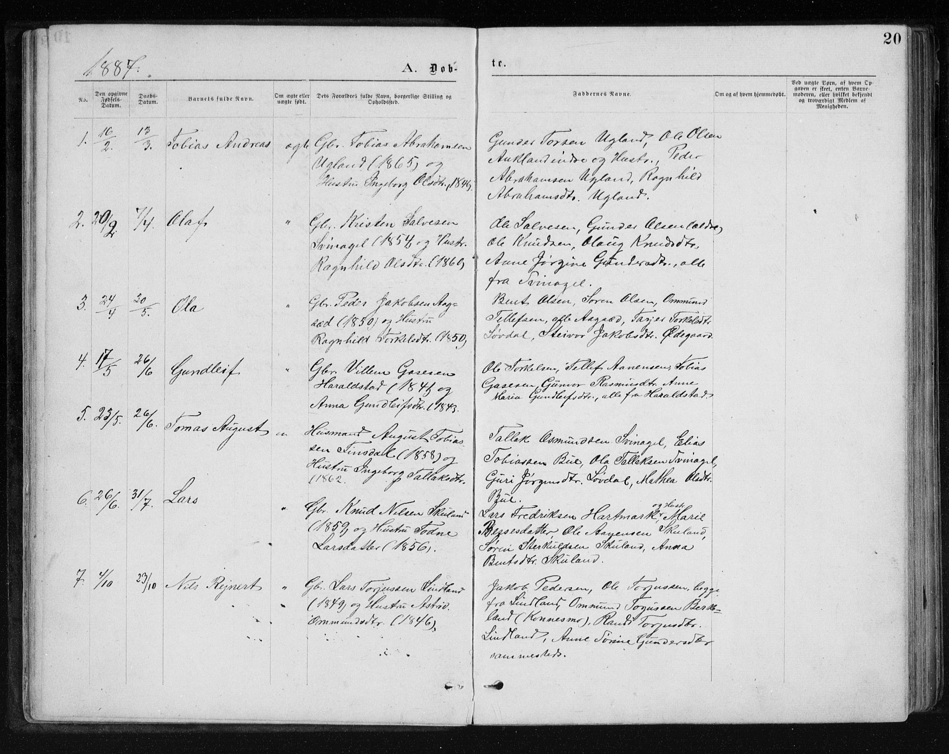 Holum sokneprestkontor, SAK/1111-0022/F/Fb/Fbb/L0003: Parish register (copy) no. B 3, 1875-1898, p. 20