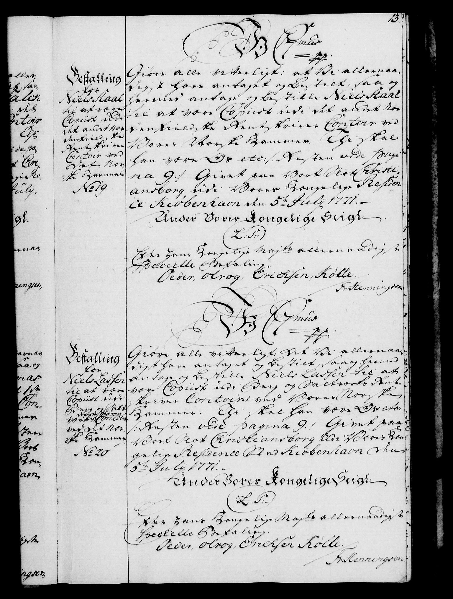 Rentekammeret, Kammerkanselliet, RA/EA-3111/G/Gg/Gge/L0005: Norsk bestallingsprotokoll med register (merket RK 53.29), 1771-1773, p. 13