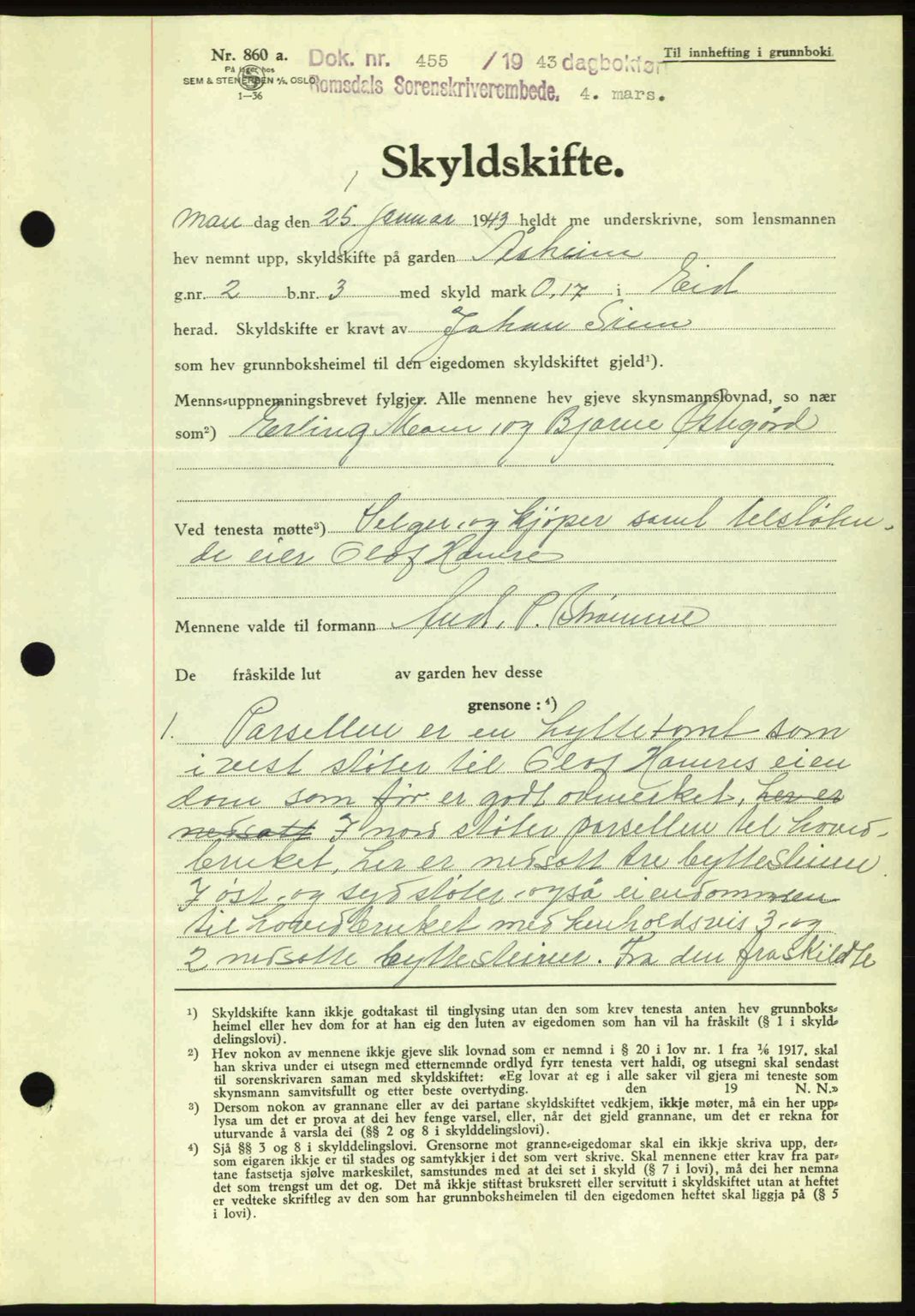 Romsdal sorenskriveri, AV/SAT-A-4149/1/2/2C: Mortgage book no. A14, 1943-1943, Diary no: : 455/1943