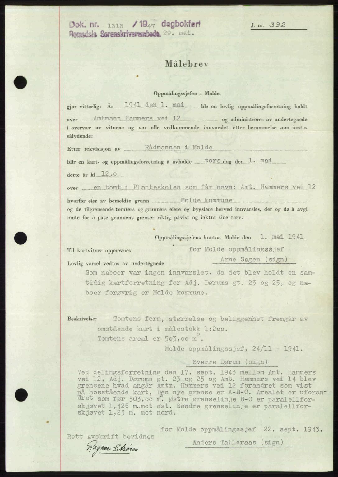 Romsdal sorenskriveri, AV/SAT-A-4149/1/2/2C: Mortgage book no. A23, 1947-1947, Diary no: : 1313/1947