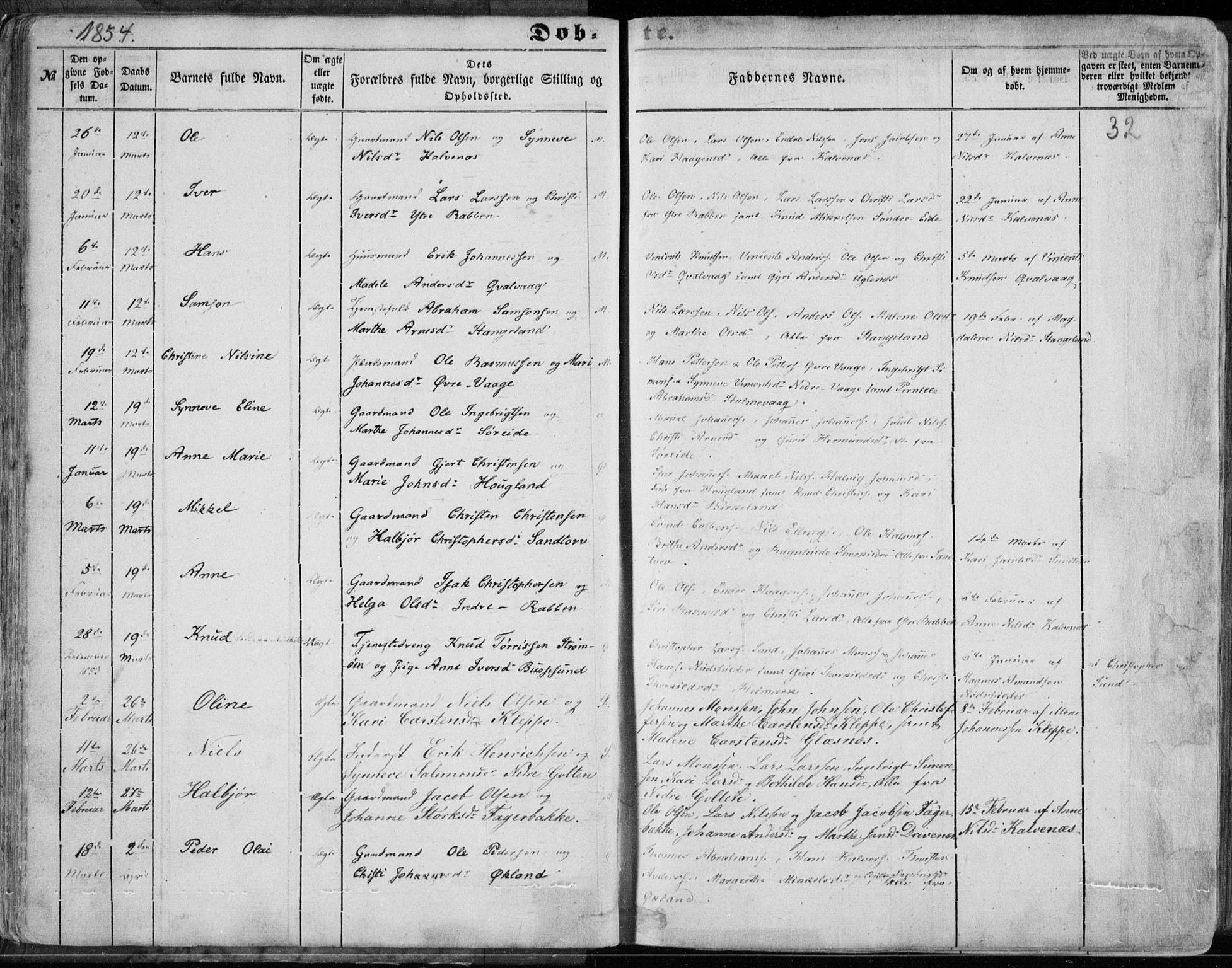 Sund sokneprestembete, AV/SAB-A-99930: Parish register (official) no. A 14, 1850-1866, p. 32