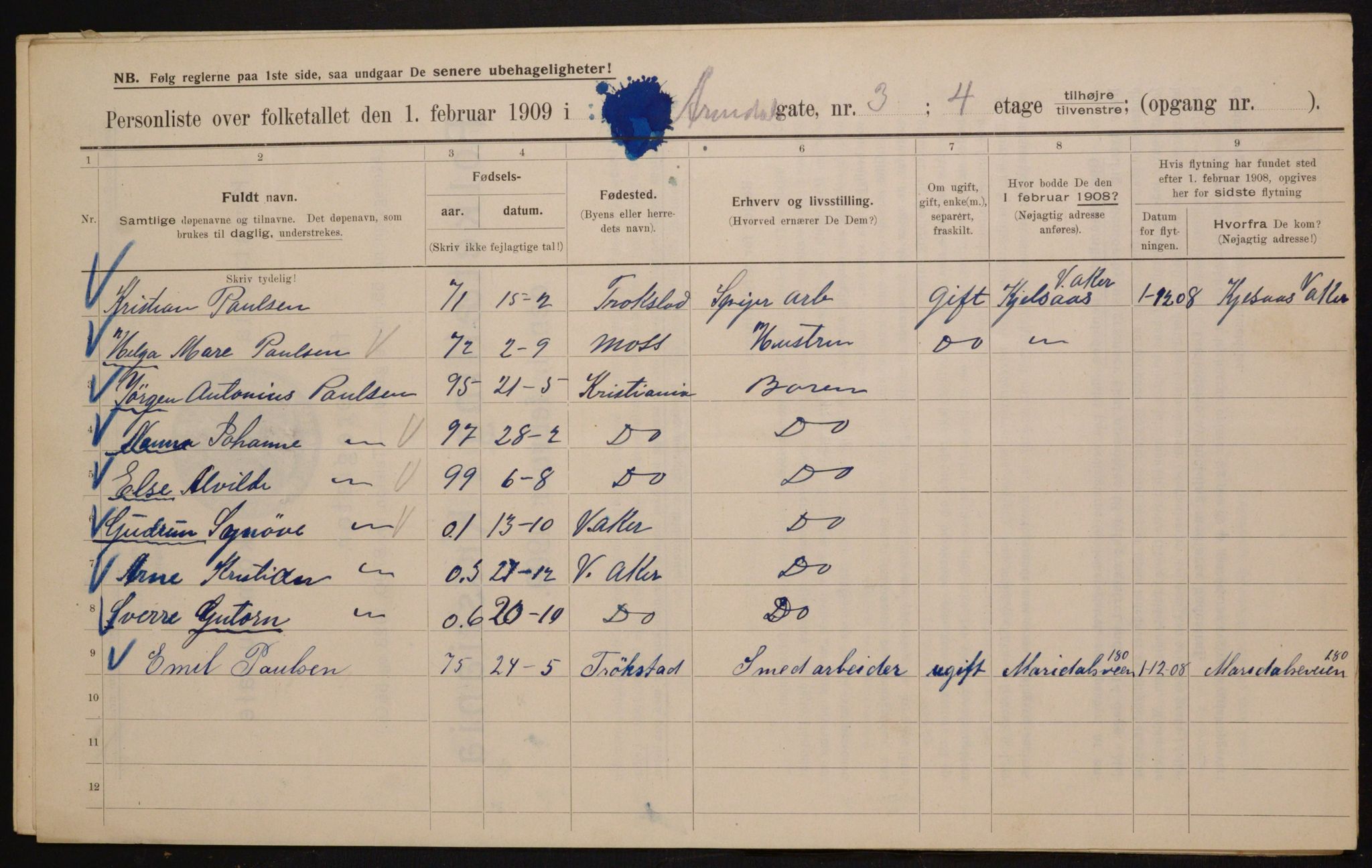 OBA, Municipal Census 1909 for Kristiania, 1909, p. 1876