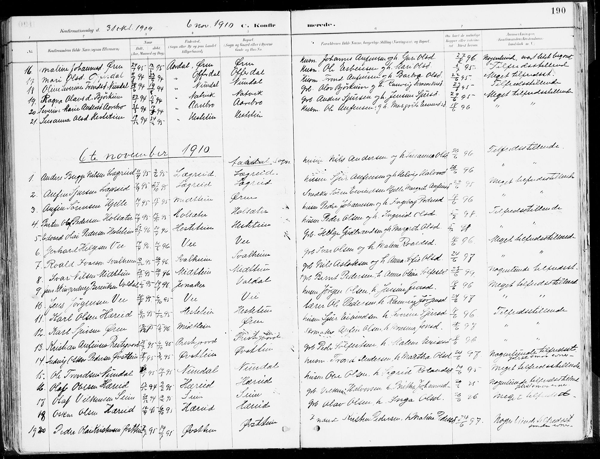 Årdal sokneprestembete, SAB/A-81701: Parish register (official) no. A 5, 1887-1917, p. 190