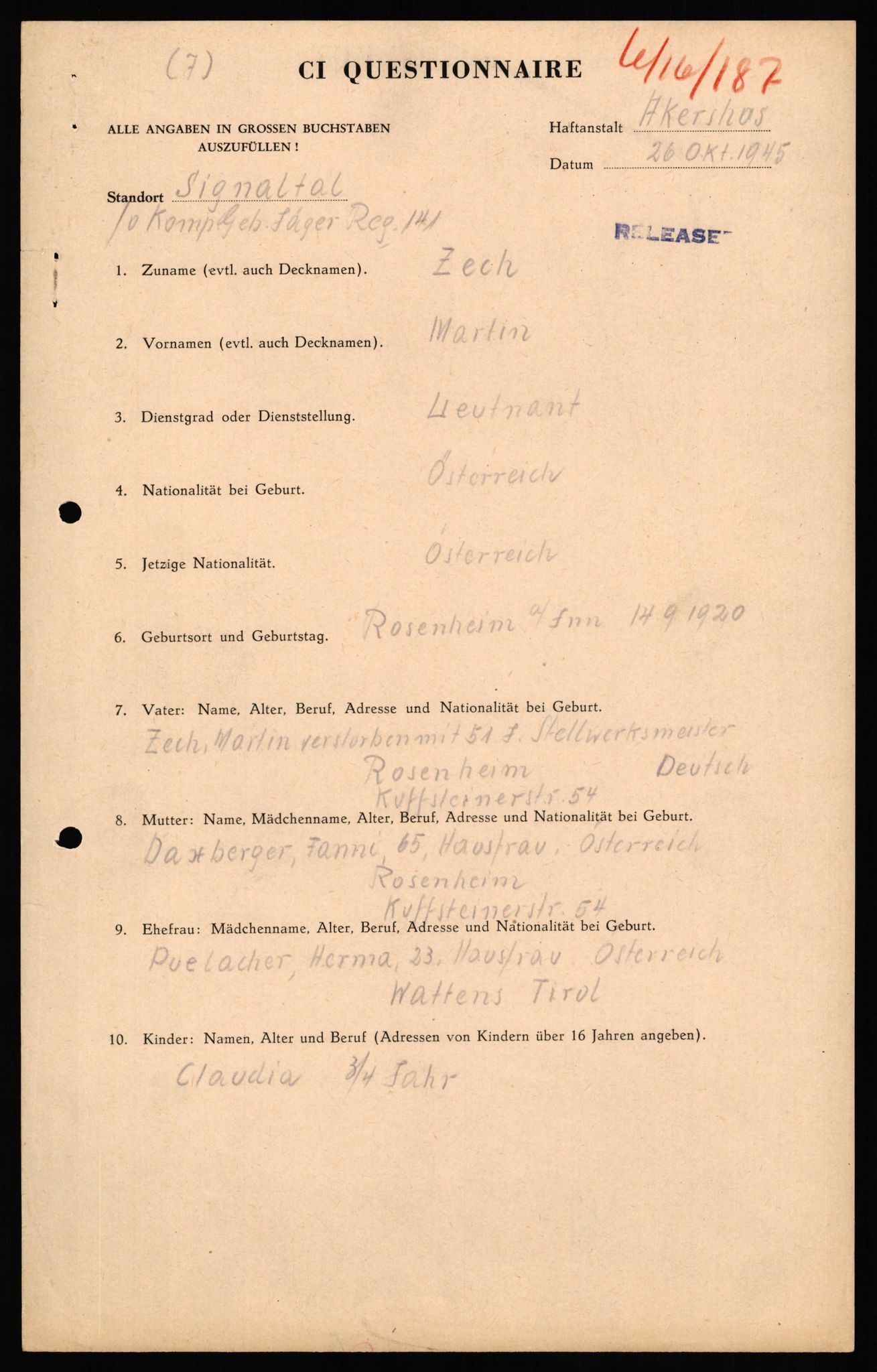 Forsvaret, Forsvarets overkommando II, AV/RA-RAFA-3915/D/Db/L0040: CI Questionaires. Tyske okkupasjonsstyrker i Norge. Østerrikere., 1945-1946, p. 460