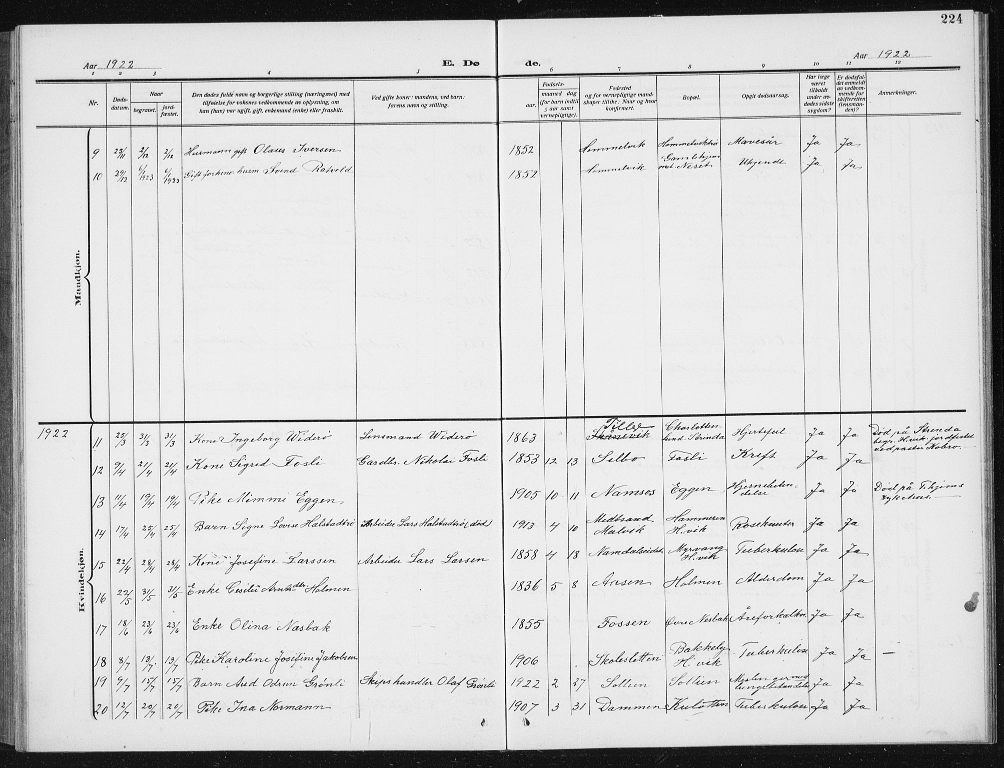 Ministerialprotokoller, klokkerbøker og fødselsregistre - Sør-Trøndelag, AV/SAT-A-1456/617/L0431: Parish register (copy) no. 617C02, 1910-1936, p. 224