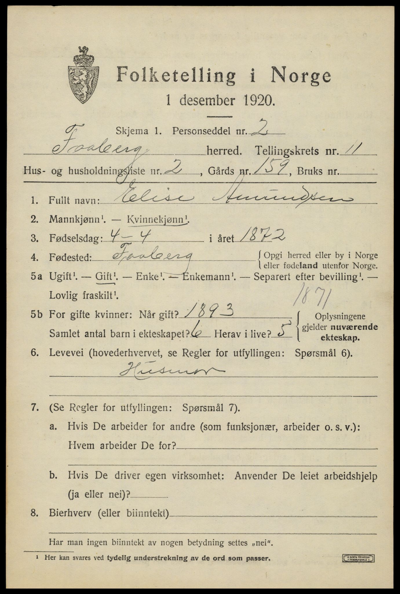 SAH, 1920 census for Fåberg, 1920, p. 11852
