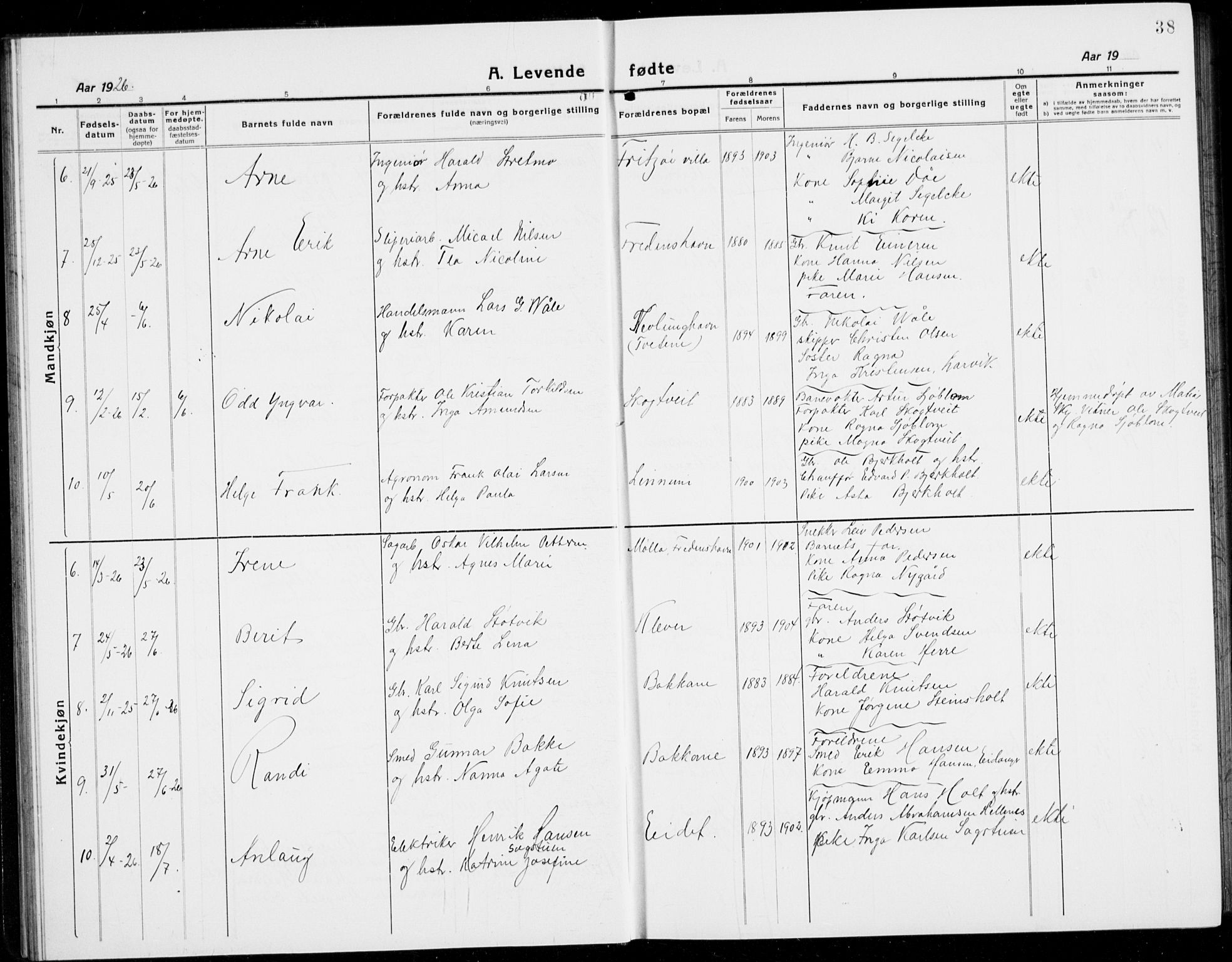 Brunlanes kirkebøker, SAKO/A-342/G/Ga/L0005: Parish register (copy) no. I 5, 1918-1941, p. 38