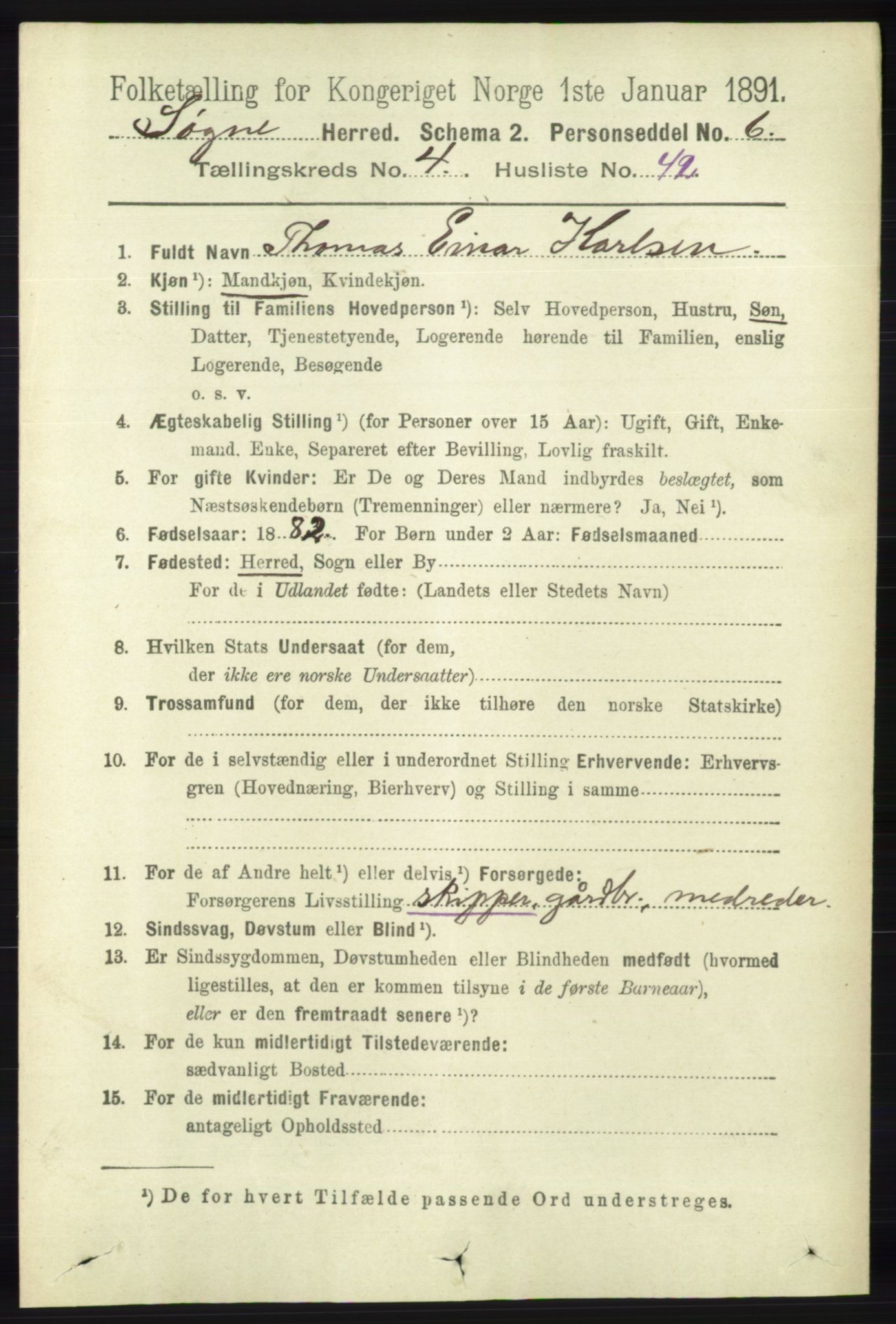 RA, 1891 census for 1018 Søgne, 1891, p. 822