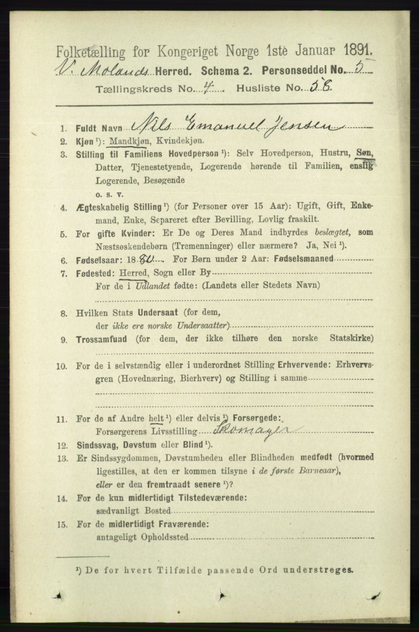 RA, 1891 census for 0926 Vestre Moland, 1891, p. 1636