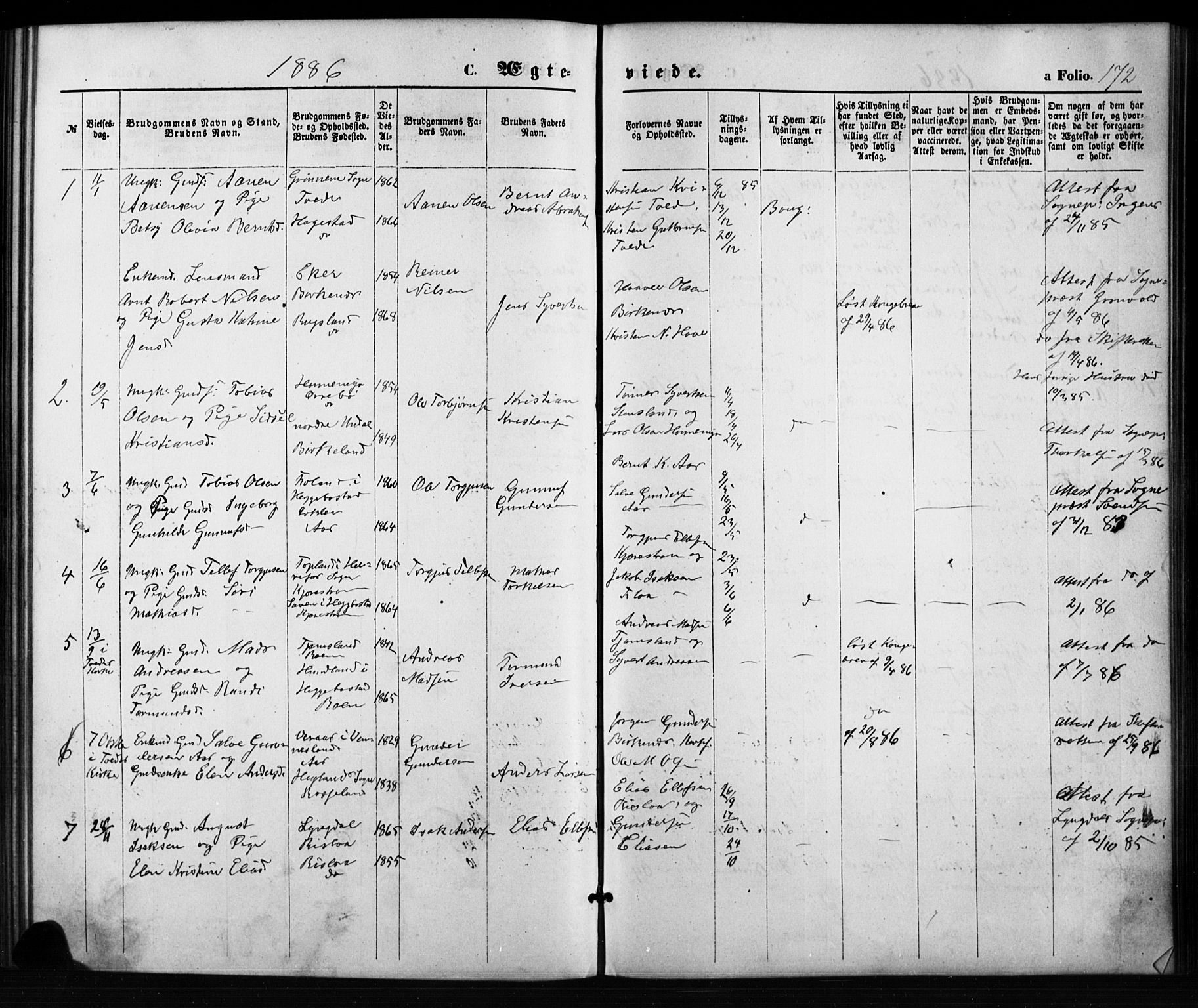 Birkenes sokneprestkontor, SAK/1111-0004/F/Fb/L0003: Parish register (copy) no. B 3, 1876-1892, p. 172