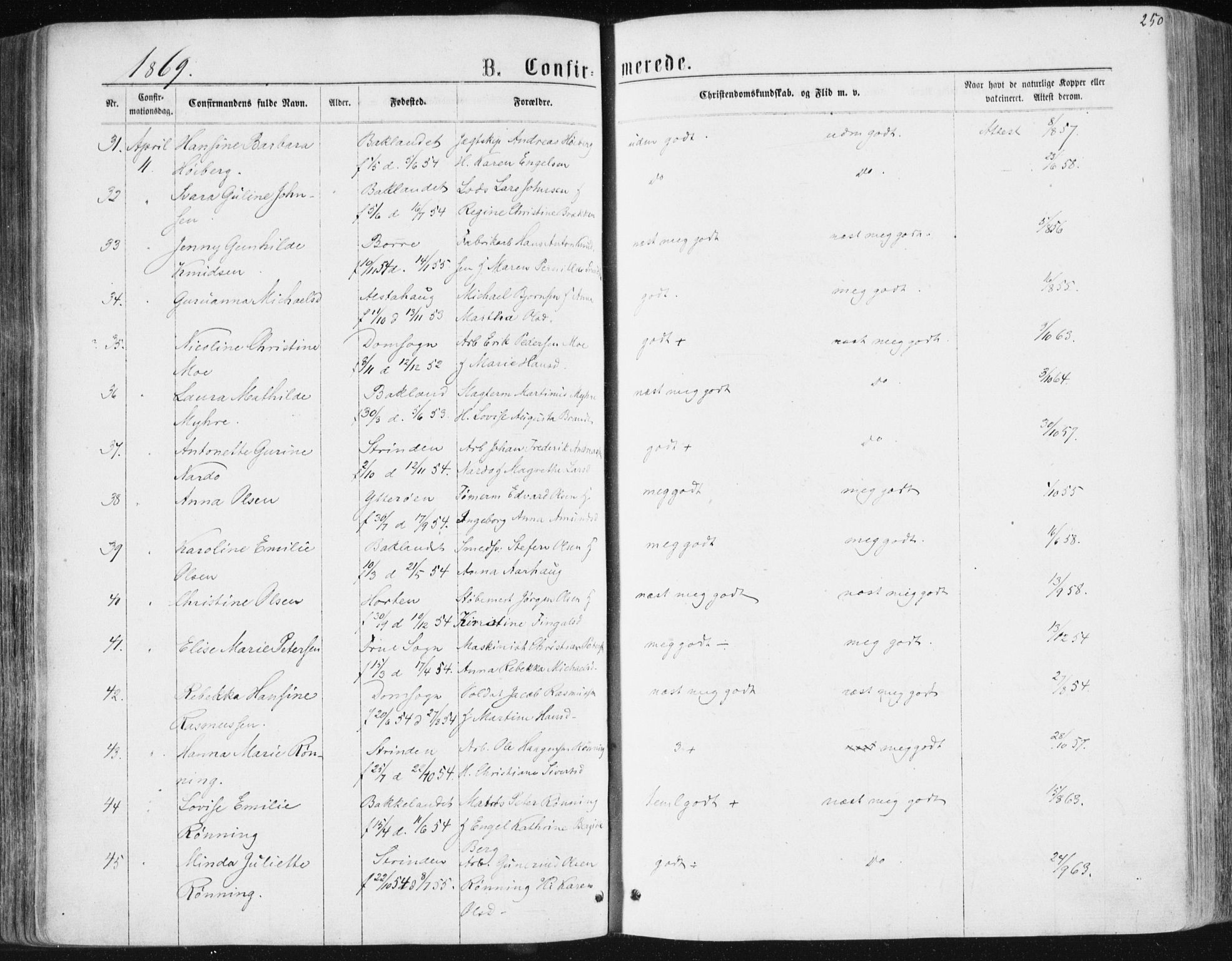 Ministerialprotokoller, klokkerbøker og fødselsregistre - Sør-Trøndelag, SAT/A-1456/604/L0186: Parish register (official) no. 604A07, 1866-1877, p. 250