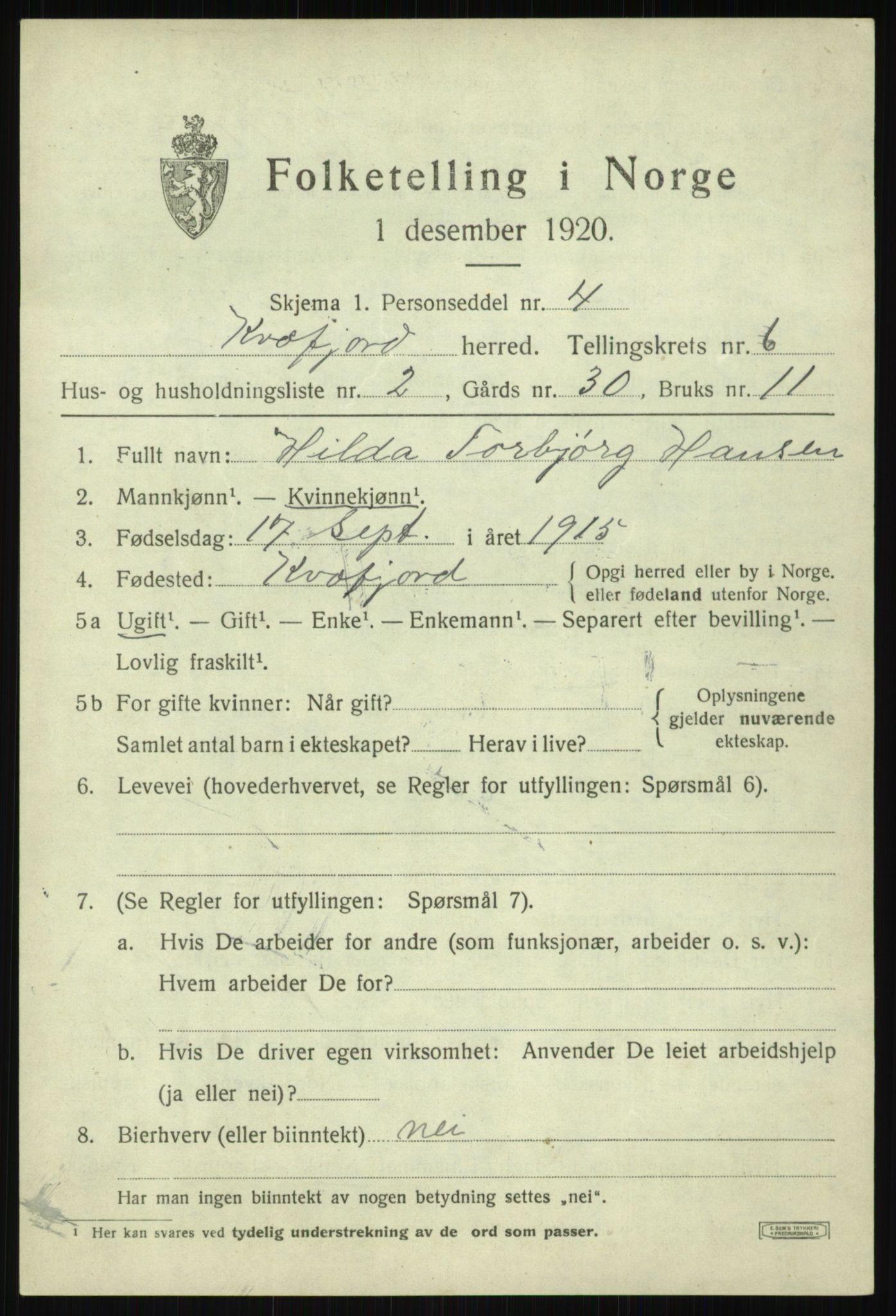 SATØ, 1920 census for Kvæfjord, 1920, p. 3139