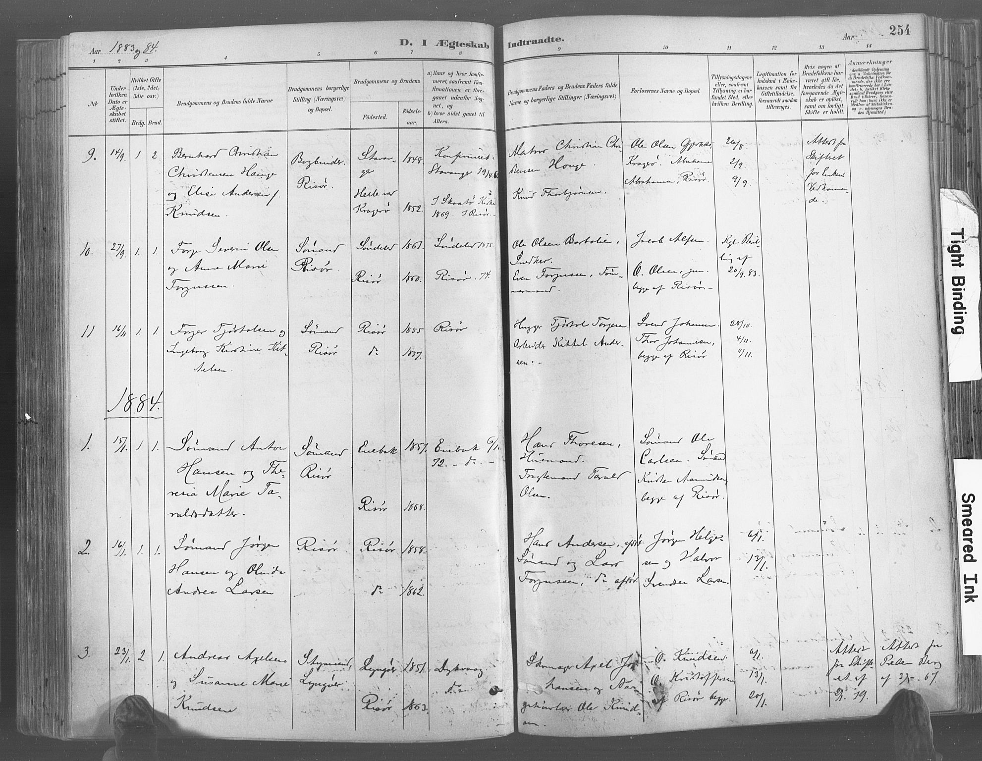 Risør sokneprestkontor, SAK/1111-0035/F/Fa/L0005: Parish register (official) no. A 5, 1883-1895, p. 254