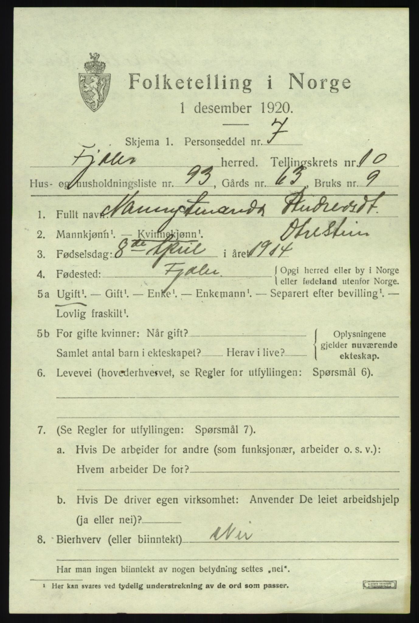 SAB, 1920 census for Fjaler, 1920, p. 6097