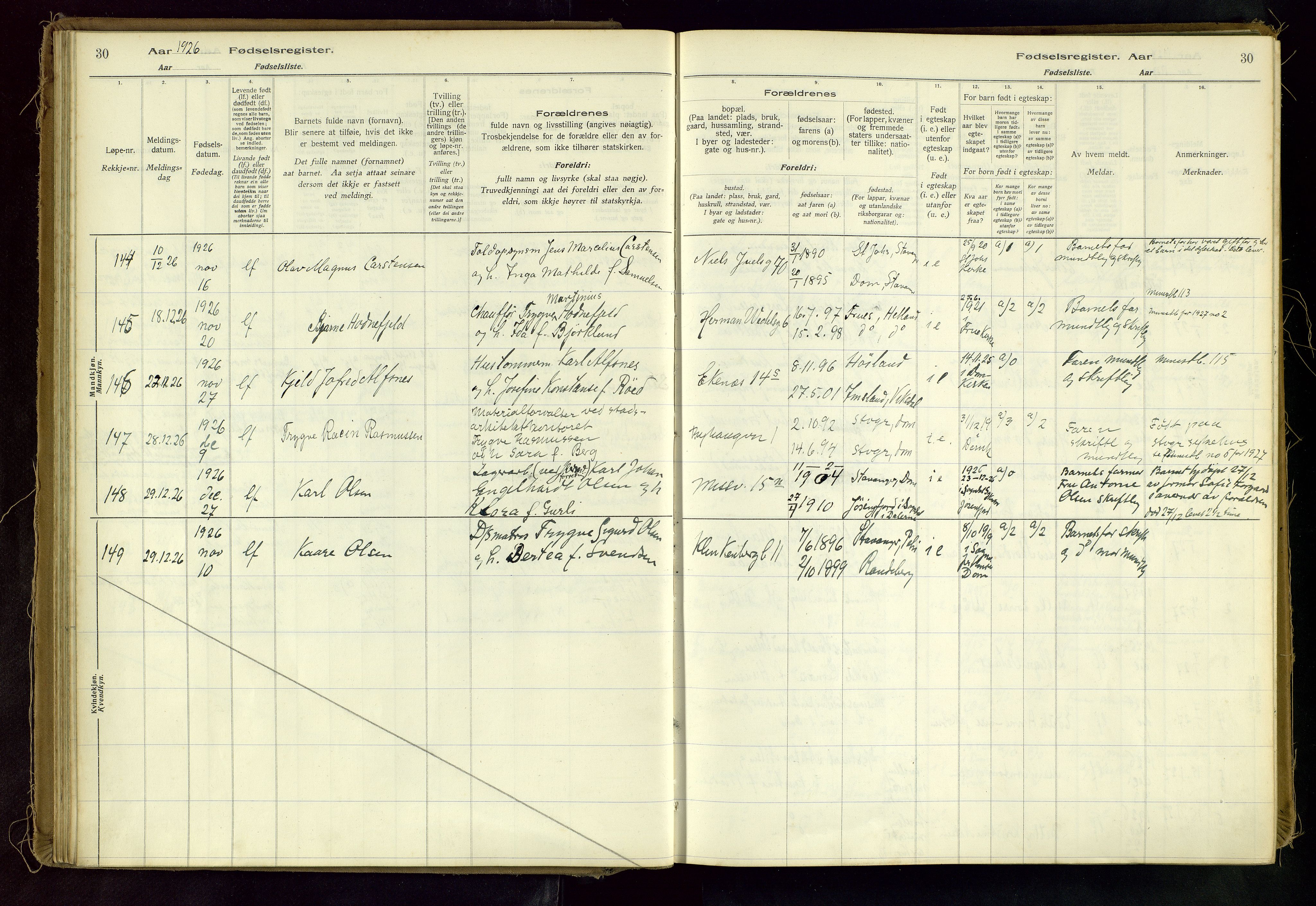 Domkirken sokneprestkontor, SAST/A-101812/002/A/L0001: Birth register no. 1, 1925-1932, p. 30